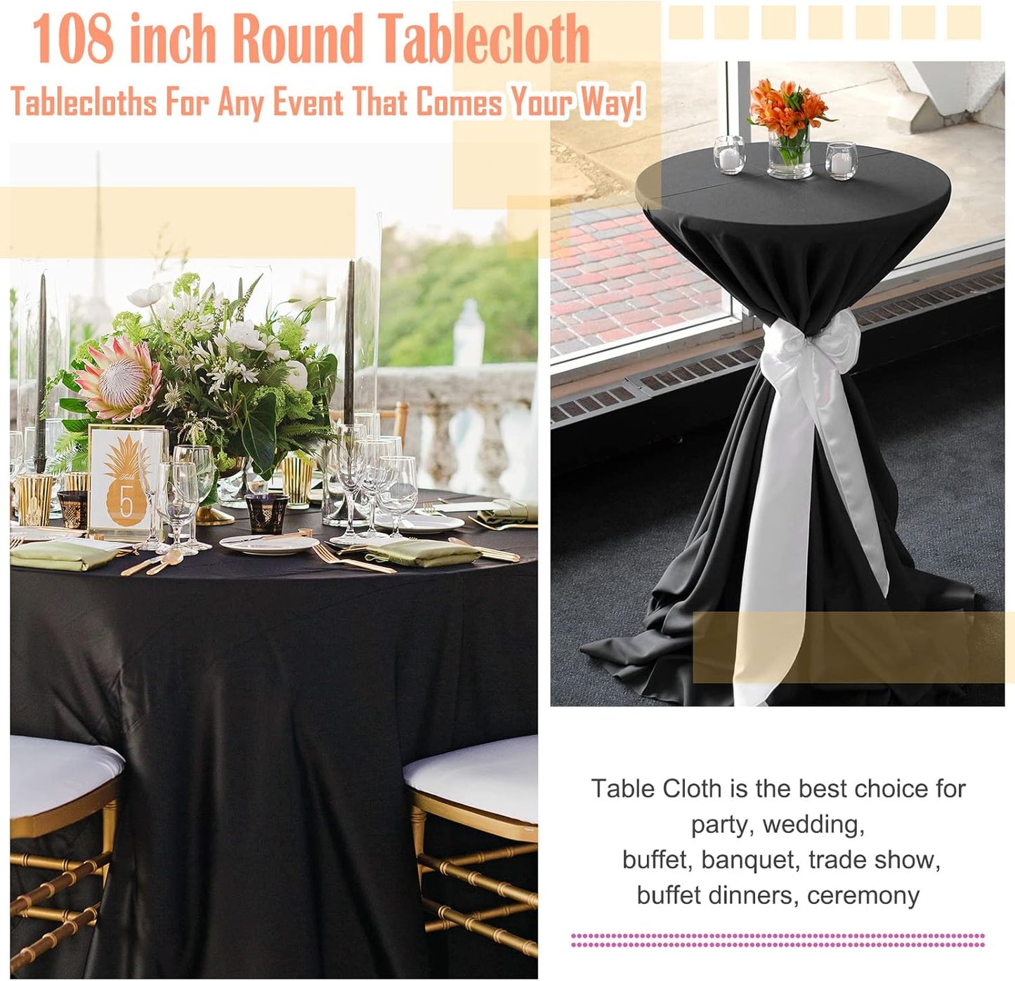 6 Pack Round Tablecloths - 108 Inch, Black Polyester Table Cover for Round Table, Stain and Wrinkle Resistant Washable Fabric Table Cloth, Polyester Tablecloth for Wedding Banquet Parties
