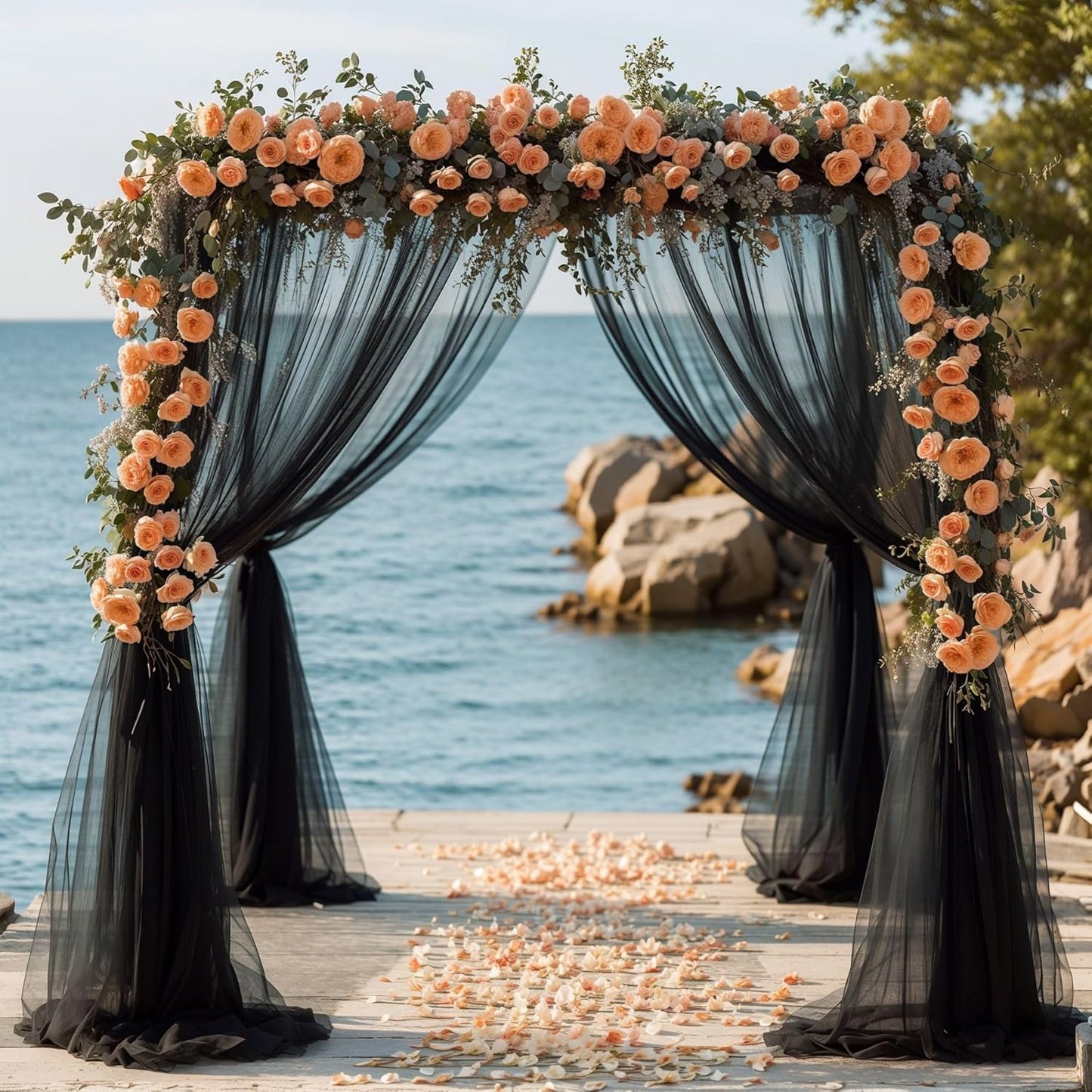 PARTISKY Wedding Arch Draping Fabric 19FT Black Drapery Sheer Curtains for Backdrop Wedding Arch Decorations for Ceremony Stage Reception Banquet Party（1 Panel）, Black