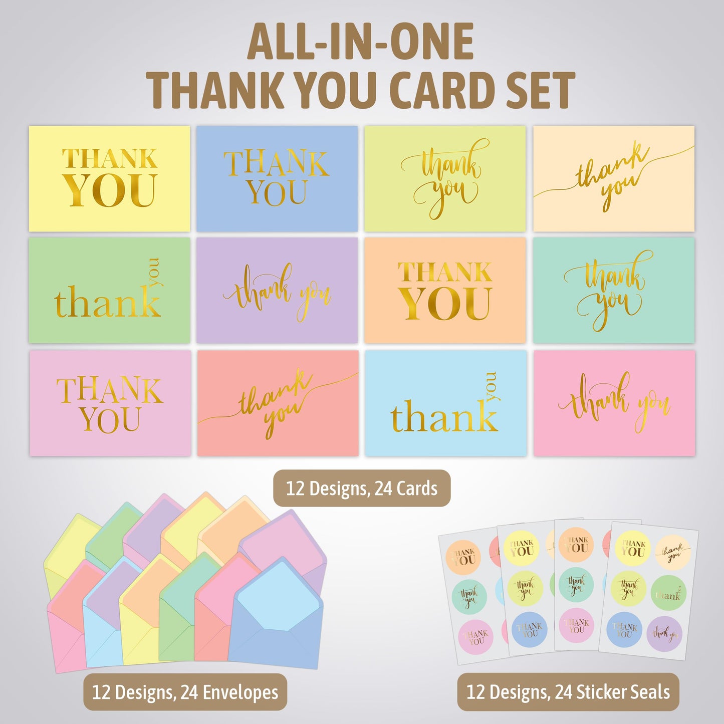 Decorably 24 Pack Gold Foil 6x4in Thank You Cards Kids