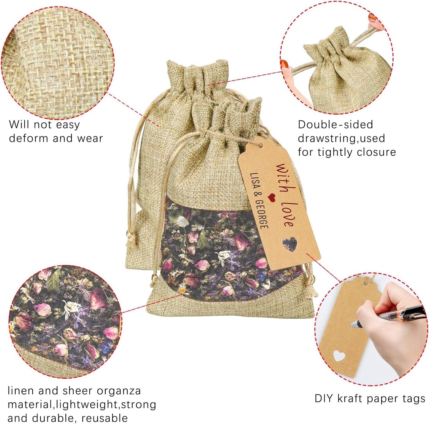 GIOIPC 20Pcs 4 x 6 Inch Linen Burlap Sheer Bags with Drawstring and Bonus Gift Tags for Wedding Birthday Bag,Craft Bags,Cosmetic Samples