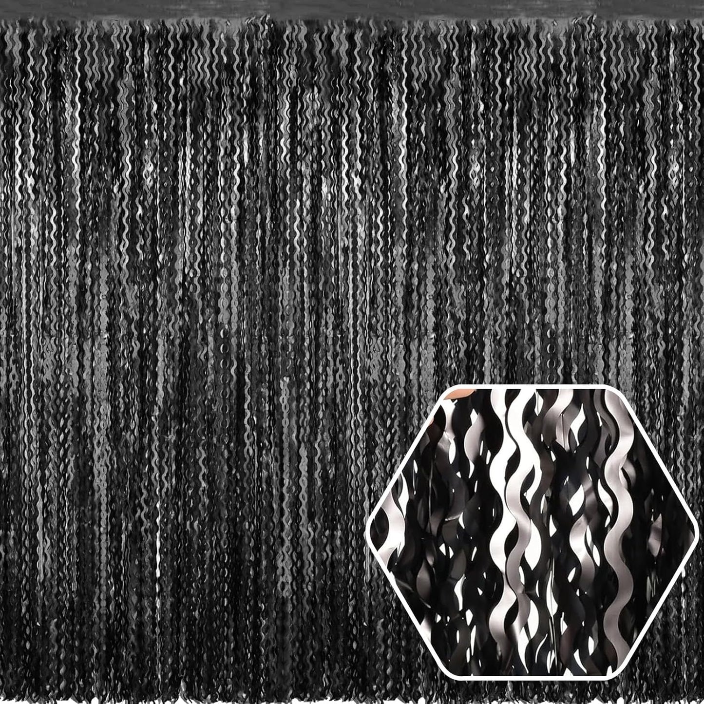 4 Pack Black Wave Foil Fringe Curtain Backdrop, 3.28Ft x 8.2Ft Metallic Tinsel Foil Fringe Streamer Curtains for Photo Booth, Mother's Day, Easter, Birthday, Wedding Party Decoration