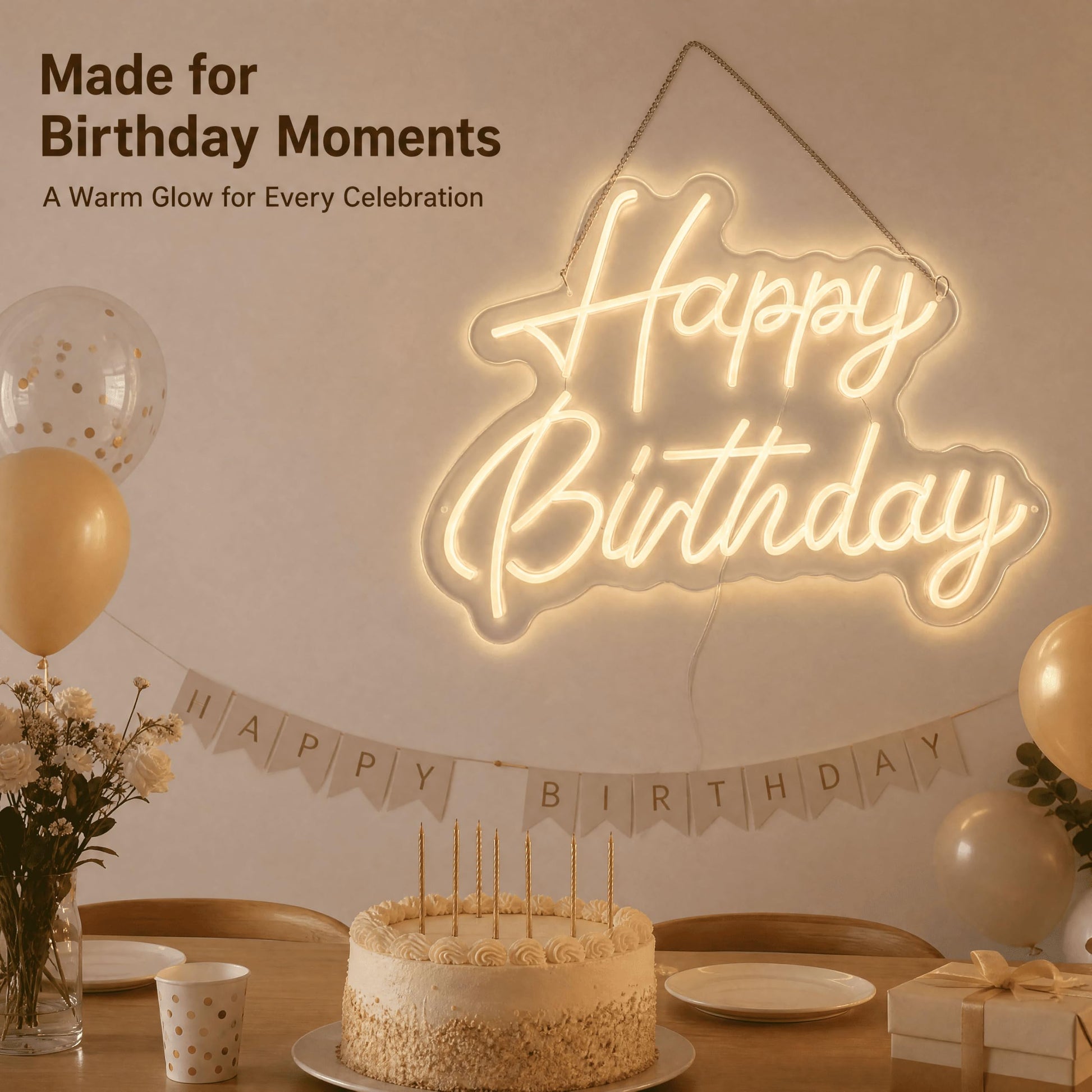 SCHMTSUNTOO Happy Birthday Neon Sign, 22x16.9in LED Dimmable Warm White