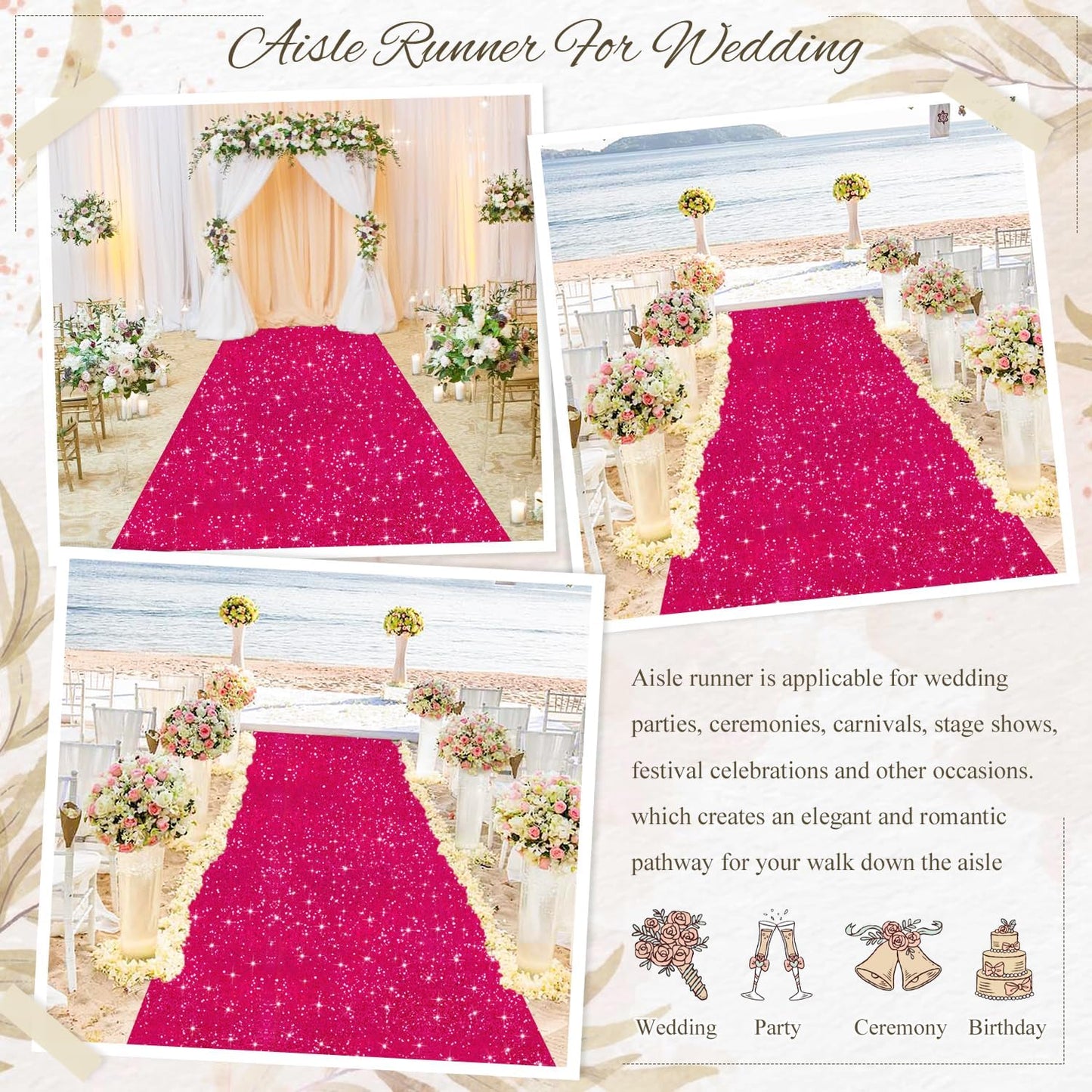 MODFUNS Sequin Aisle Runner Wedding Ceremony Hot Pink Aisle Runner Rug 4x25ft Glitter Carpet Runners Walkway Rug Bling Wedding Carpet Outdoor for Bridal Baby Shower Party Celebration