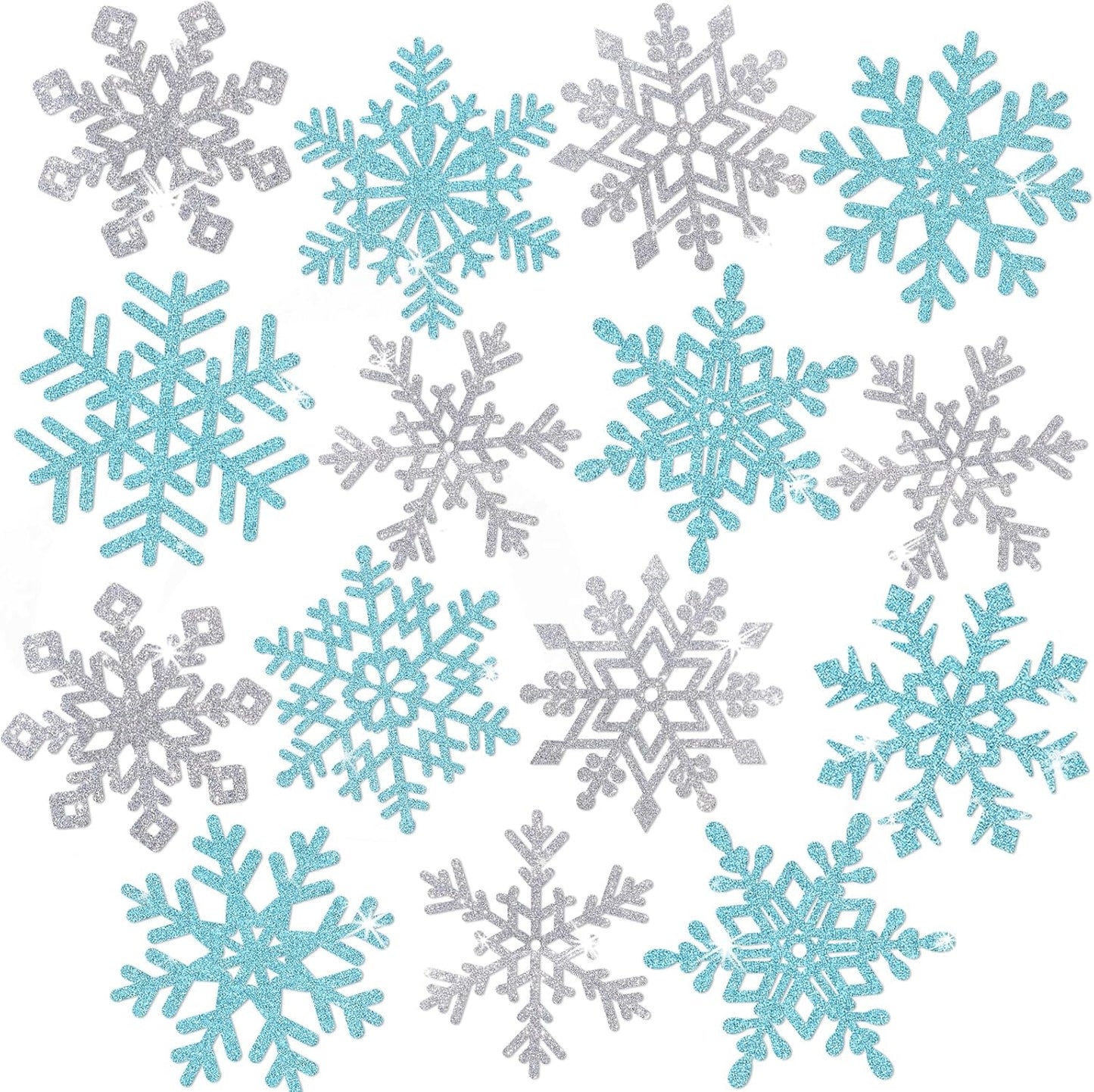 Winter Snowflake Cutouts - Glitter Paper Snowflake Decorations - 50Pcs Blue & Silver Double-Side Christmas Cutouts for Holiday Winter Wonderland Bulletin Board, Frozen Party Decor