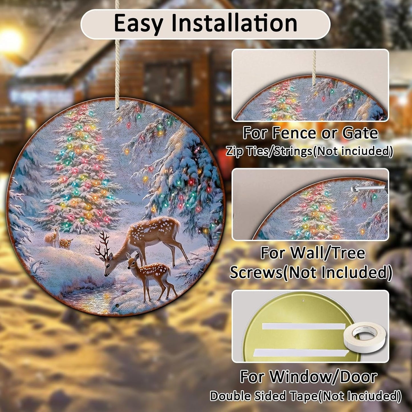 Christmas Tree Decor Round Metal Tin Sign Christmas Deer Vintage Tin Sign for Home Coffee Wall Decor for Christmas Family Wall Decoration 12 * 12 in