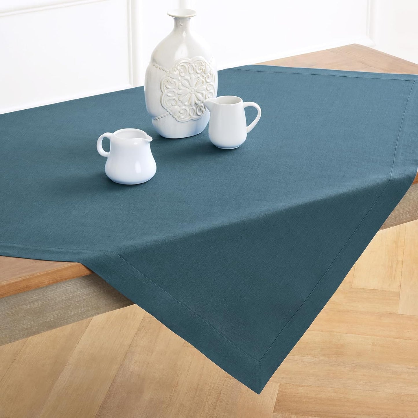 Solino Home Linen Square Tablecloth 52 x 52 Inch - 100% Pure Linen Peacock Blue Table Throw - Fete, Machine Washable Table Cloth
