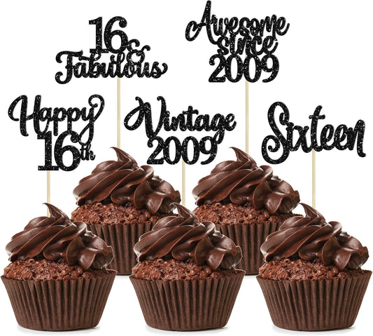 30Pcs Happy 16th Birthday Cupcake Toppers Glitter Sixteen Vintage 2009 Cupcake Picks Cheers to 16 Fabulous Cake Decorations for 16th Birthday Wedding Anniversary Party Supplies Black