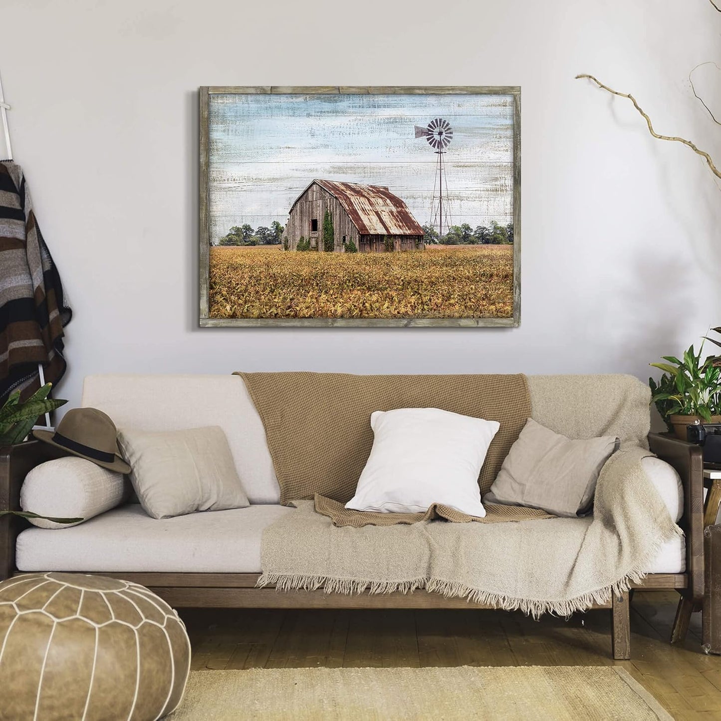 Vintage Farmhouse Wall Art Framed - Rustic Windmill Landscape Painting Artwork for Wall Decor