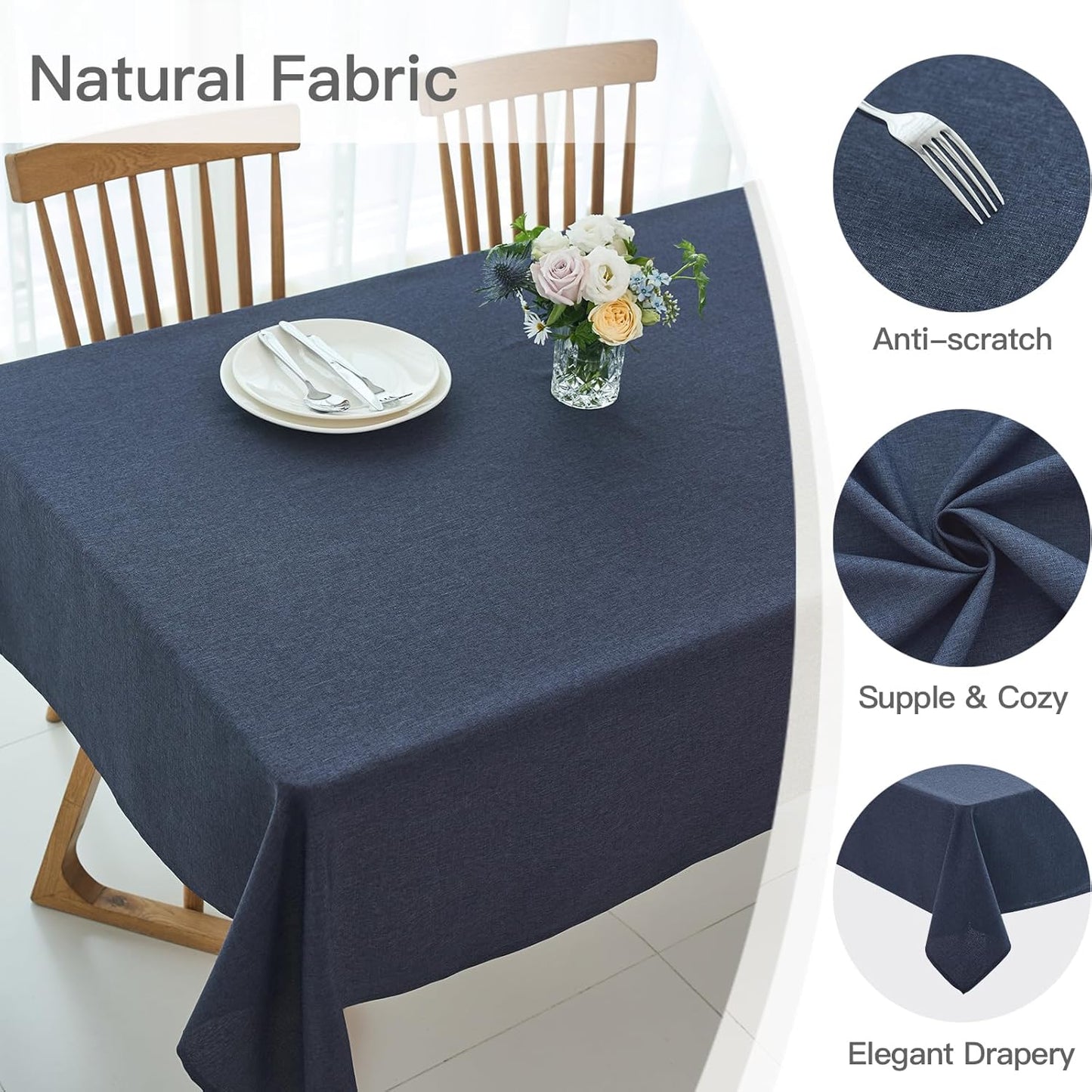 maxmill Rectangle Linen Texture Tablecloth Stain Proof Waterproof Wrinkle Free Washable Dining Table Cloth Wipeable Fabric Table Cover for Dining Room Farmhouse Tablecloths, 60 x 120 Inch, Navy Blue