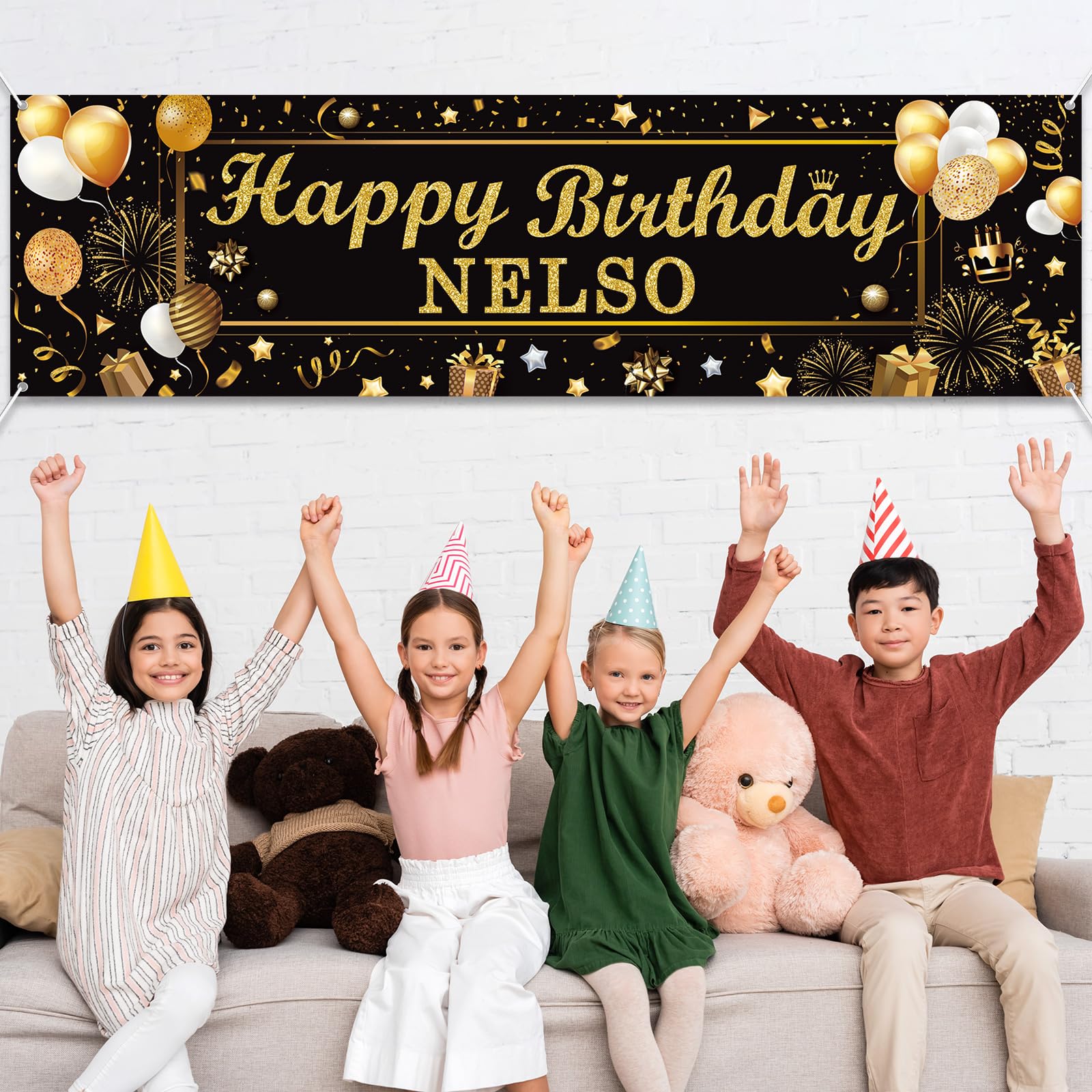 Lonfliness Personalized Birthday Banner Happy Birthday Party Decoration Custom DIY Black Gold