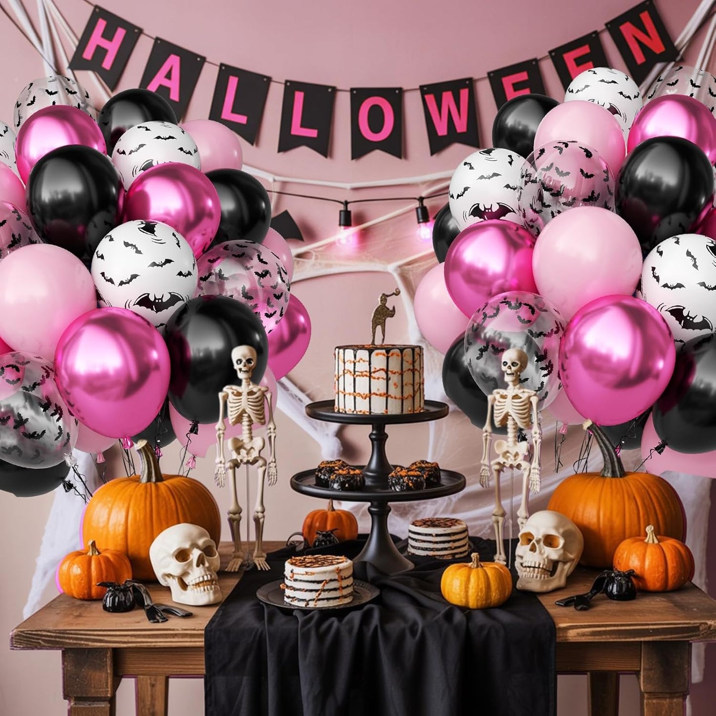 Pink Halloween Balloons Set, 50PCS 12 Inch Bat Confetti Balloon Pastel Metallic Pink and Black Party Balloon Bat Printed Helium for Girls Adults BOO Halloween Birthday Party Decorations Indoor Outdoor