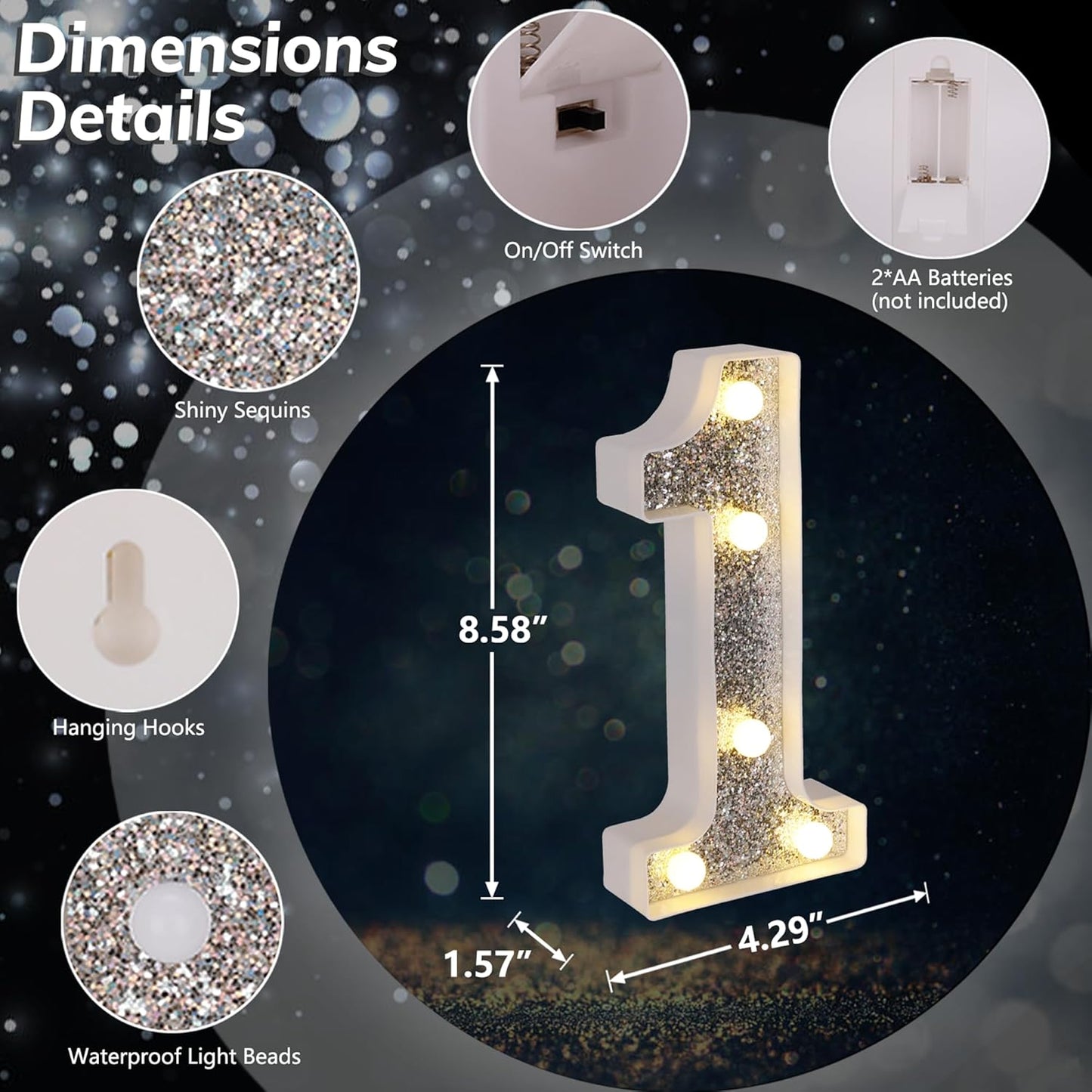 Marquee Light Up Letters, Glitter Silver LED Letter Lights Battery Powered Alphabet Letter Sign for Night Light Wedding Birthday Party Cafe Bar Decoration Girls Room Decor - Number 1