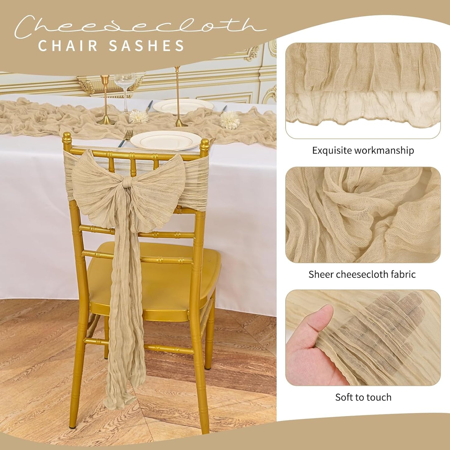 50 PCS Cheesecloth Chair Sashes, Bows Designed ChairSashes, 15.7x108 inch Chair Sashes for Aisle Decorations Universal Chairs Cover Decoration for Wedding Reception Party Banquet (Beige)