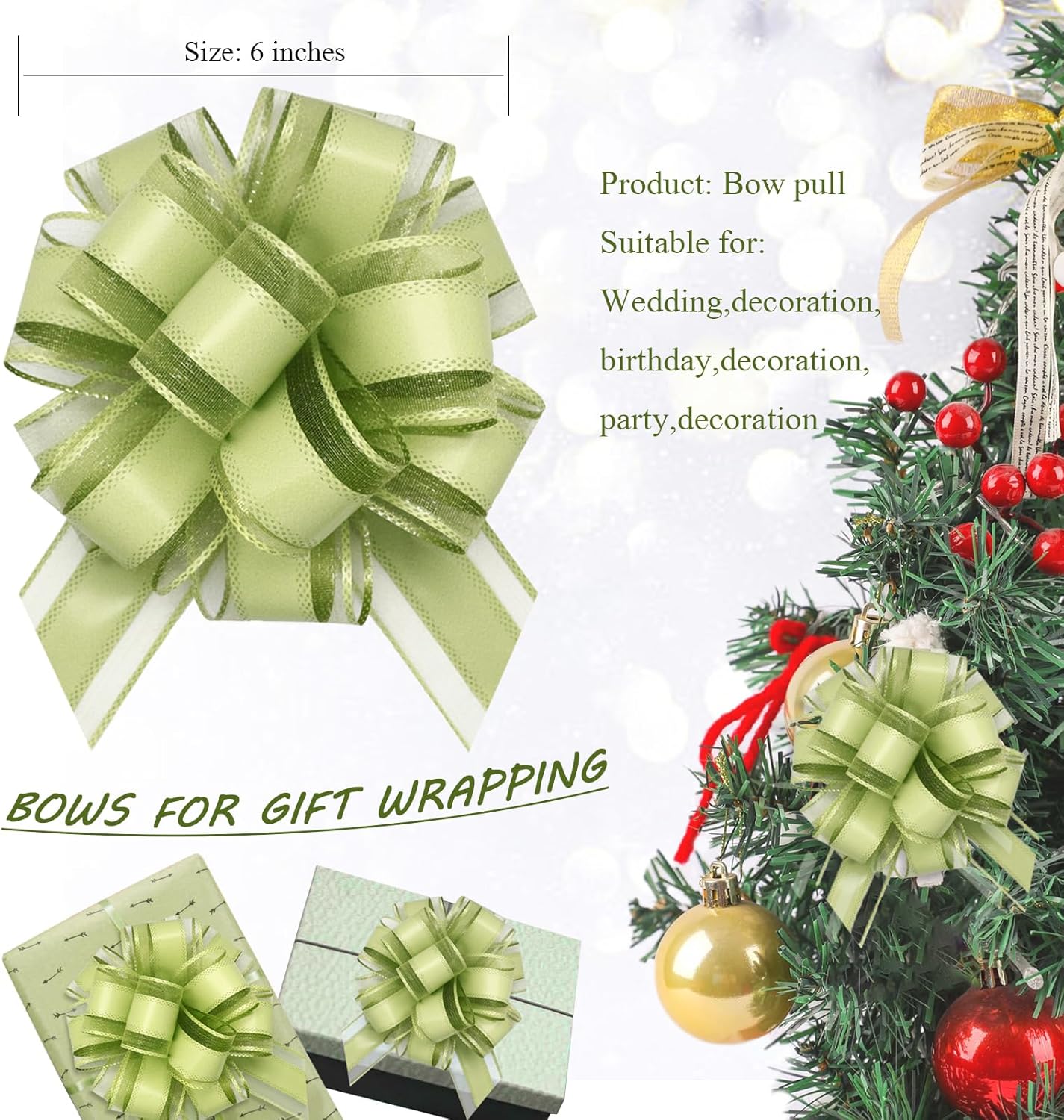 6 Count Large Pull Bows, 6 inches, Organza, Modern, Christmas, Wedding, Valentine's Day, Bean Green, Solid