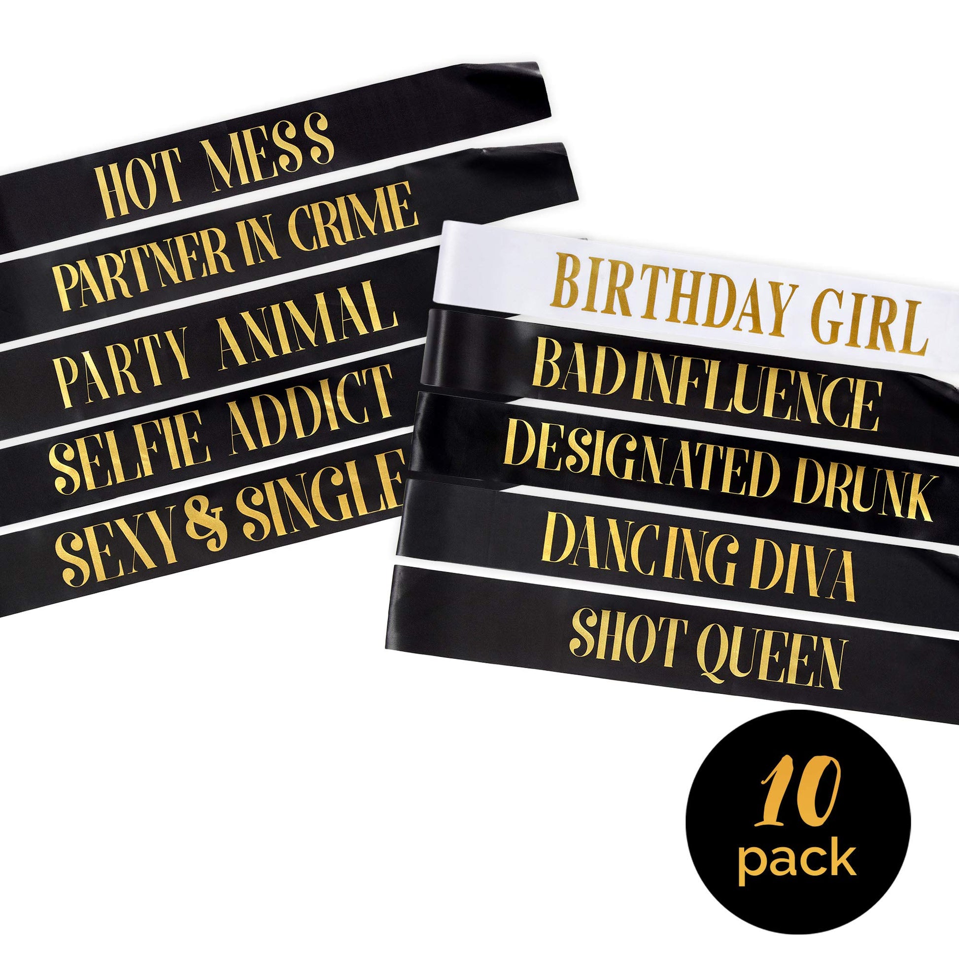Pop Fizz Designs Birthday Sashes for Women – 10 Pack | 1 Birthday Girl Sash & 9 Funny Party Sashes