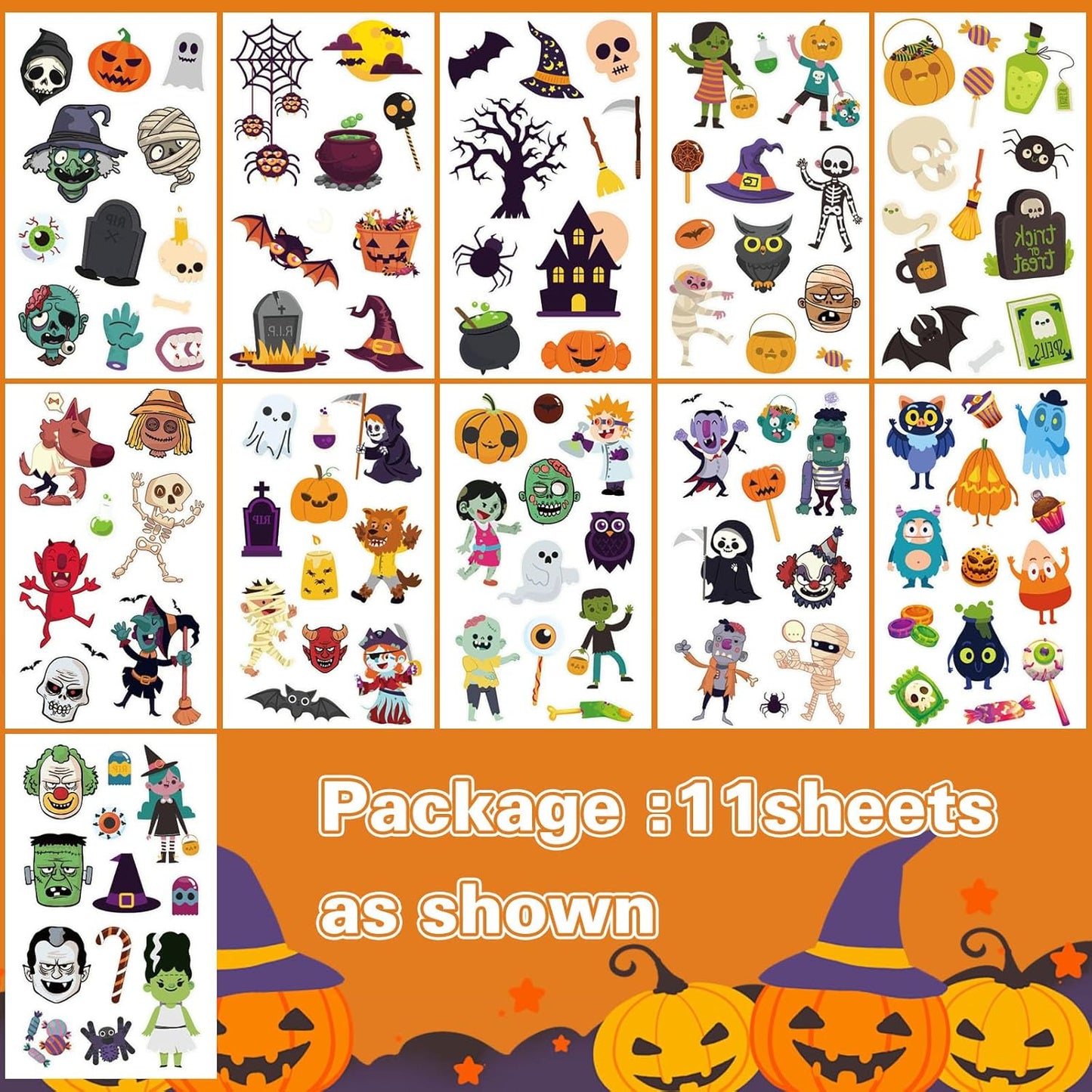 Temporary Tattoos for Kids - 11 Sheet Trick or Treat Tattoos for Boys & Girls - Halloween Goodie Bag Fillers & Party Favors
