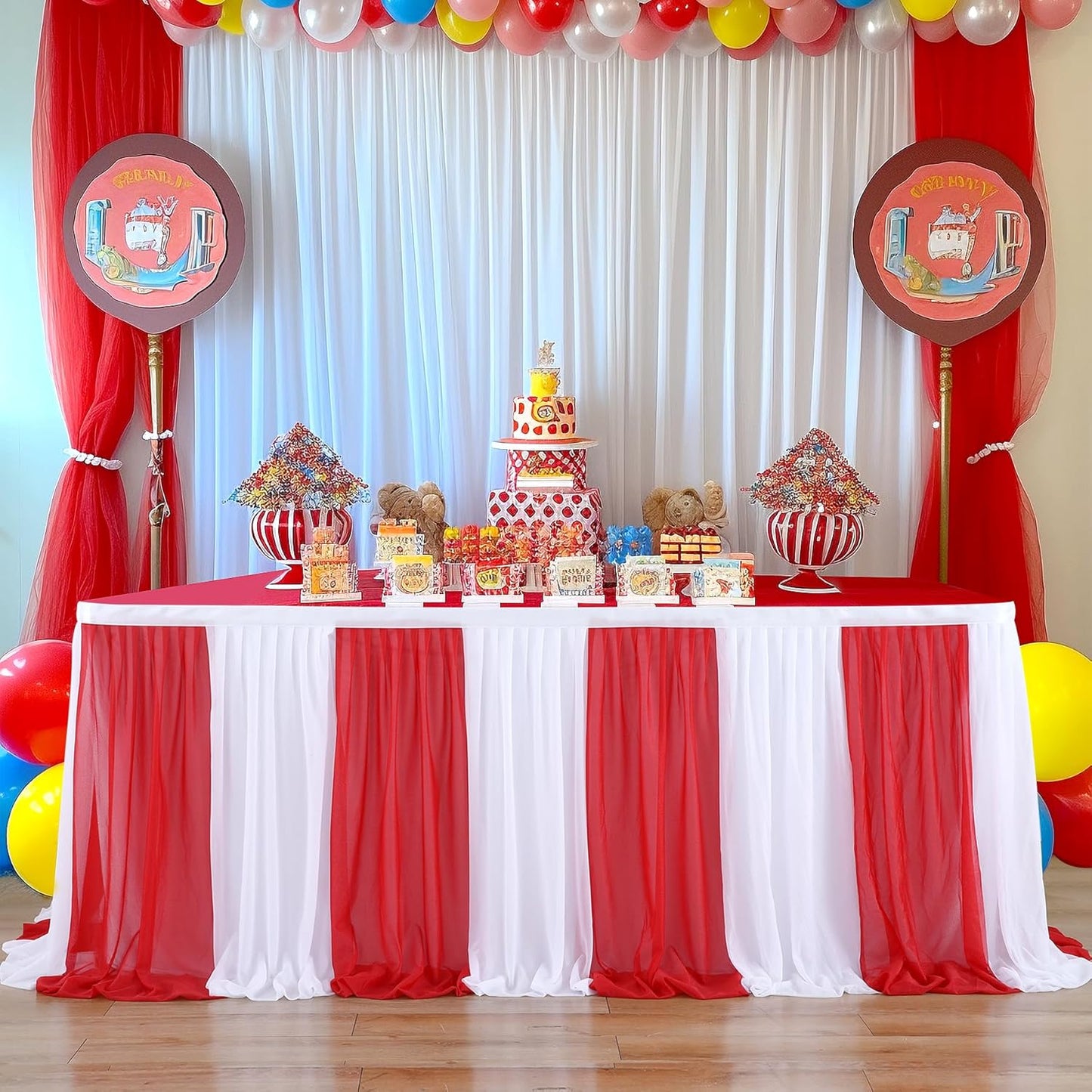 Reb and White Striped Table Skirt for Rectangle Tables or Round Tables for Carnival Circus Party 14ft Tulle Tutu Table Cloths Cover for Birthday Party Baby Shower Table Decorations