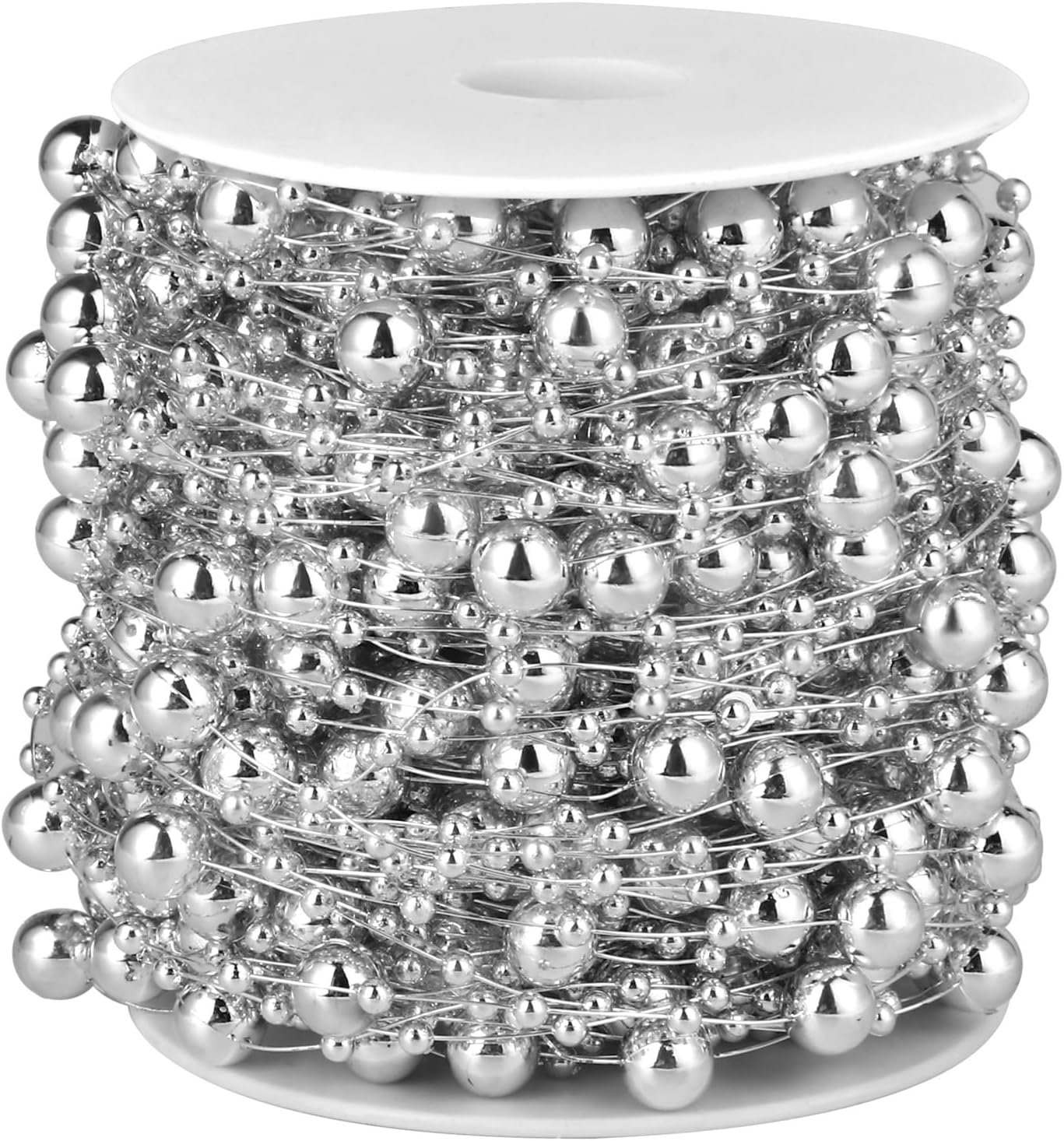 98FT Pearl Beads String Garland, 8mm 3mm Silver Faux Pearl Beads Roll Strand Bulk for Wedding Party Flower Christmas Decoration DIY Craft