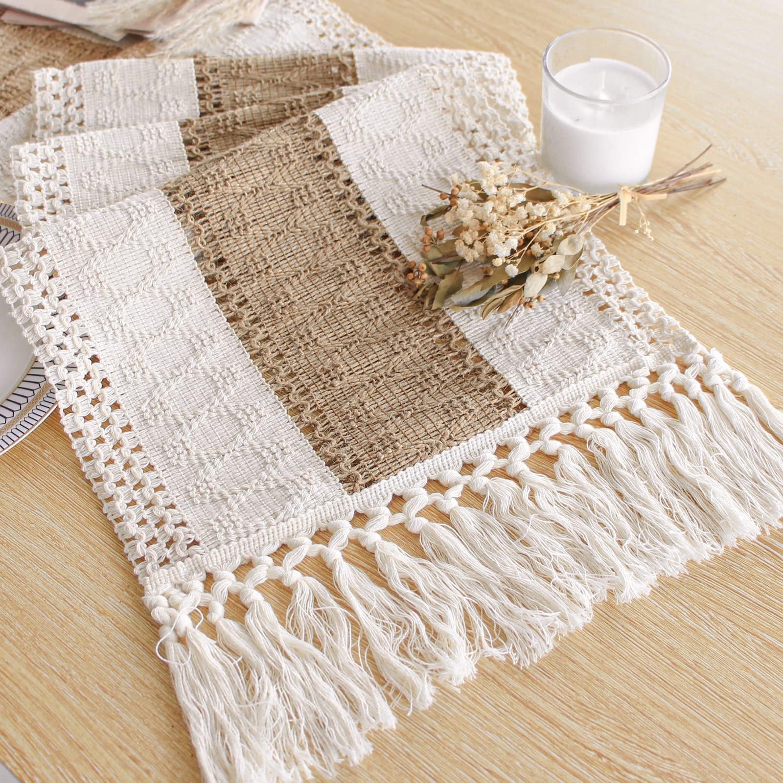 FEXIA Boho Table Runner for Fall Home Decor 12x72 Rustic with Tassels