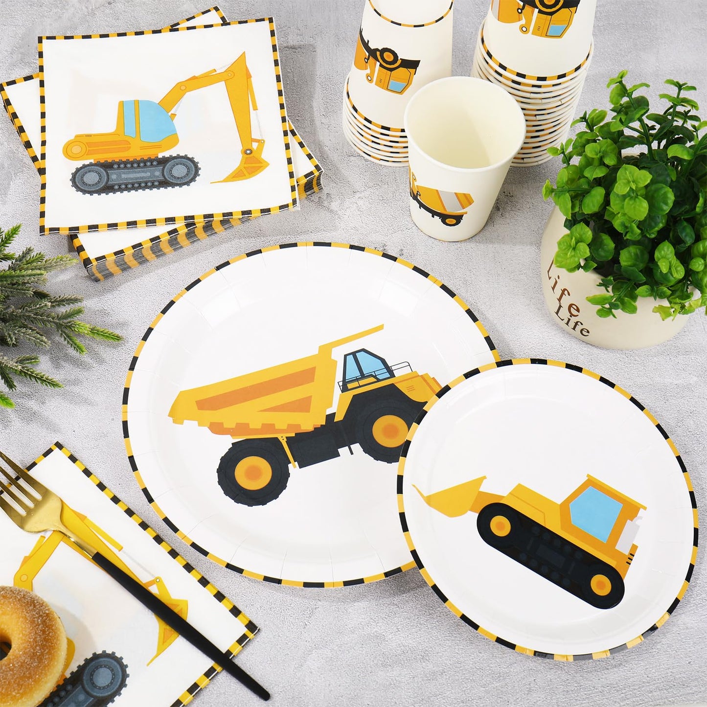 Whaline 96Pcs Construction Party Tableware Dump Truck Paper Plate Napkin Cup Yellow Black