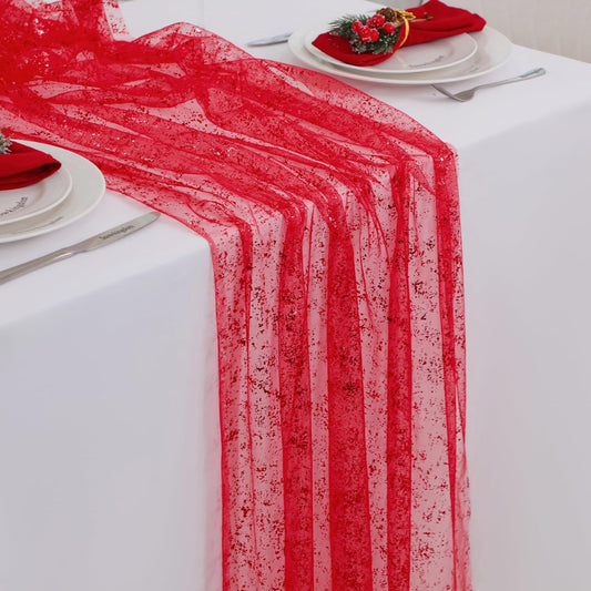 Snowkingdom Red Christmas Table Runner 10 FT, Glitter Metallic Foil Sheer Tulle Cheesecloth Gauze Runner 120 Inch, Red Table Centerpieces Decoration for Wedding Birthday Party Holiday