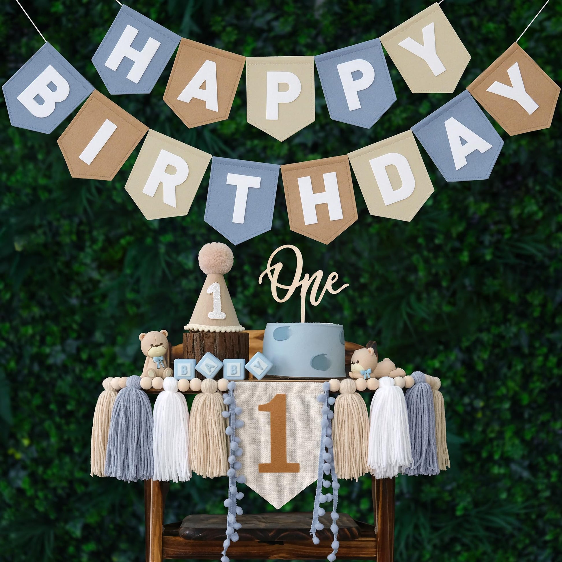 DCJHFJ First Birthday Decorations for Boy Felt Khaki Blue Happy Birthday High Chair Banner