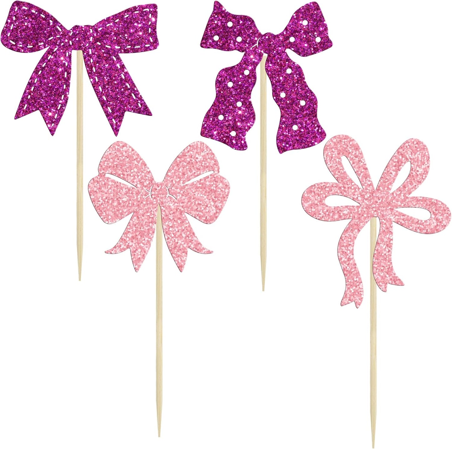 Ephlyn 24Pcs Pink Bow Cupcake Toppers Bow Birthday Cake Topper Girls Birthday Party Decorations Bowknot Cupcake Decorations for Bridal Baby Shower Birthday Wedding Themed Party Pink Purple