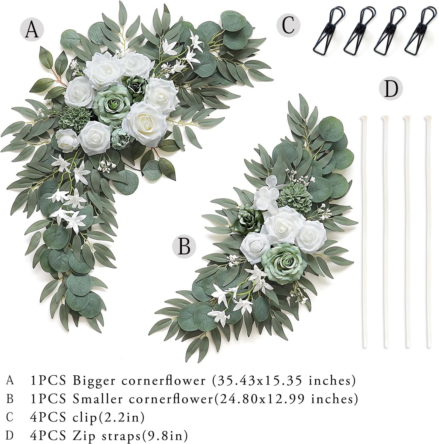 2-Pack Sage Green & White Wedding Flower Swag Set, Large: 35.43"L x 14.56"W, Small: 24.80"L x 12.99"W, Artificial Flowers for Wedding Arch, Ceremony, Table Centerpieces, Wall Hanging