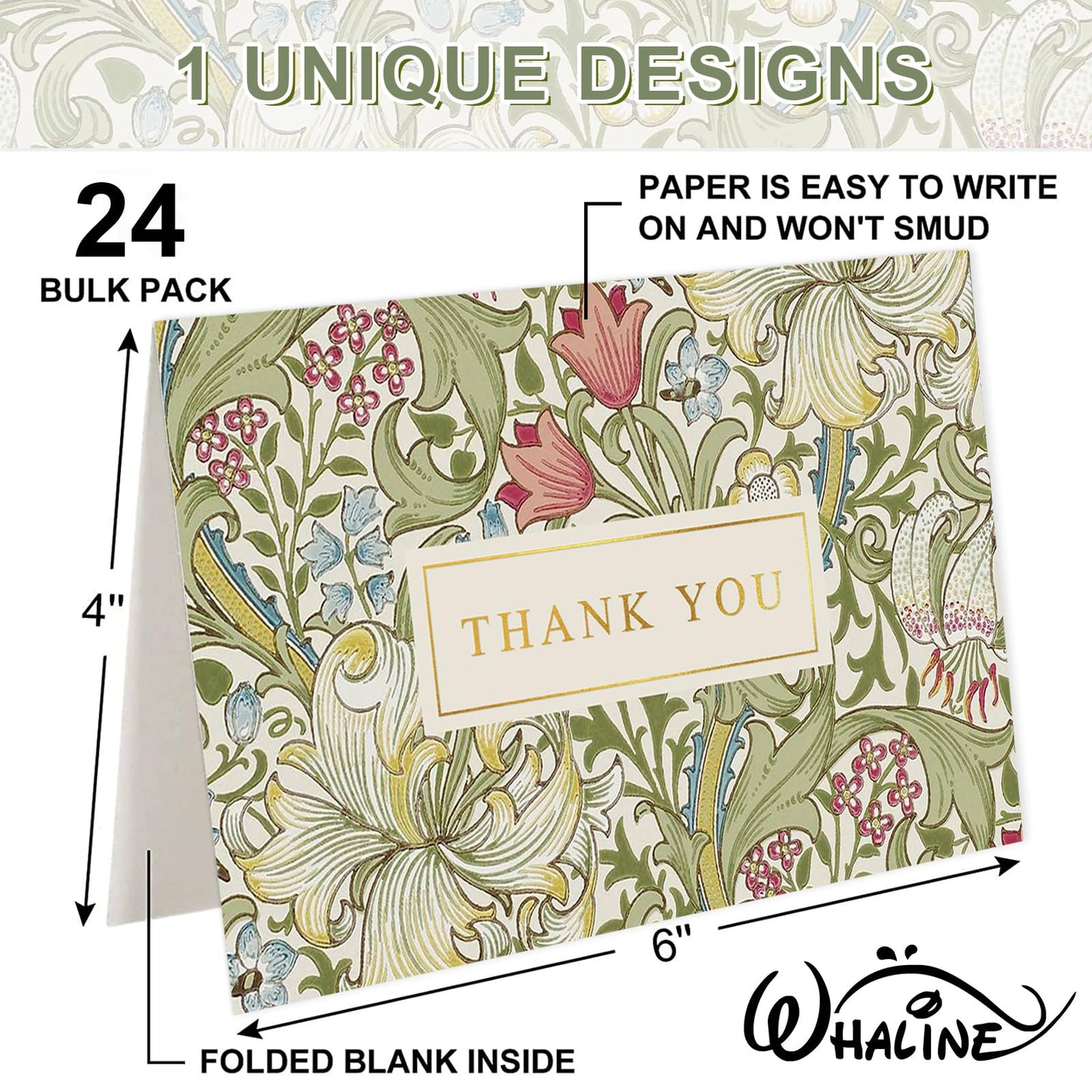 Whaline 24 Pack Floral Gold Foil Thank You Cards with Envelope & Sticker