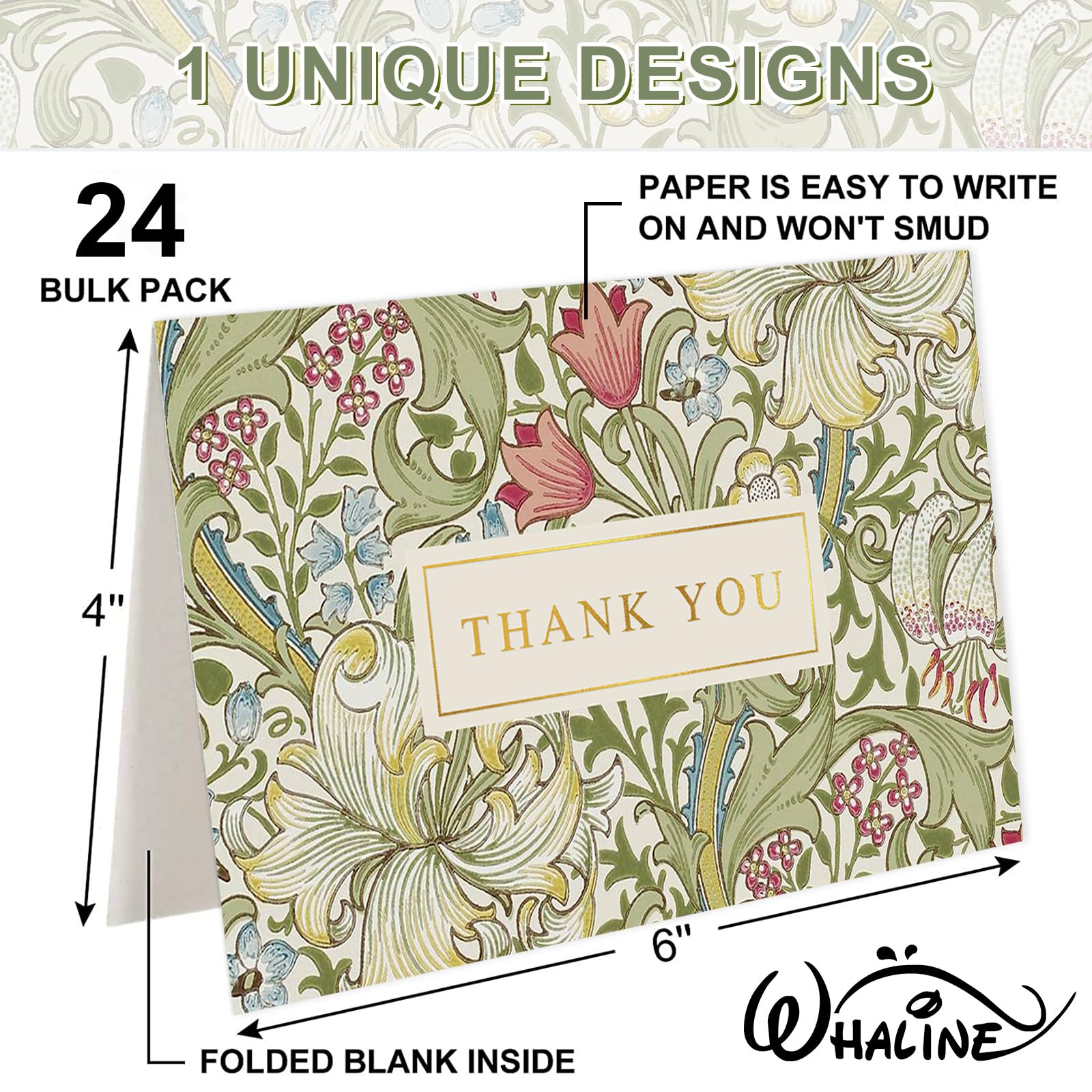 Whaline 24 Pack Floral Gold Foil Thank You Cards with Envelope & Sticker
