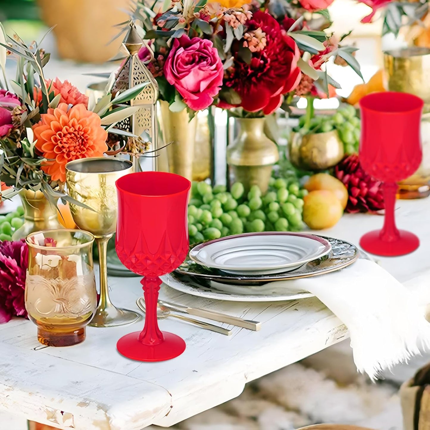 JLYLOL Plastic Vintage Wine Glasses 7OZ Plastic Goblets Vintage Drinking Glasses 48PCS Retro Wedding Glassware Water Goblets Reusable Drinking Cups for Party,Reception,Celebration,Bar,Whiskey(Red)