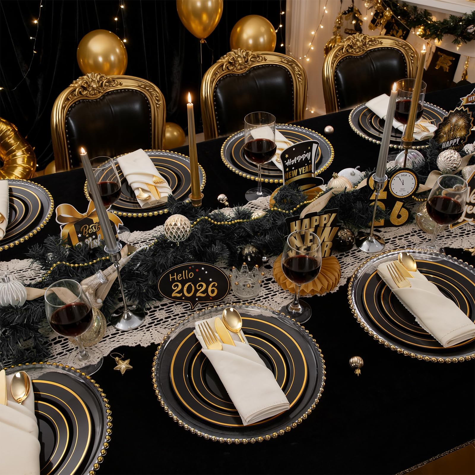 350 Pieces Black and Gold Plastic Plates with Disposable Silverware, Include 50 Dinner Plates 9”