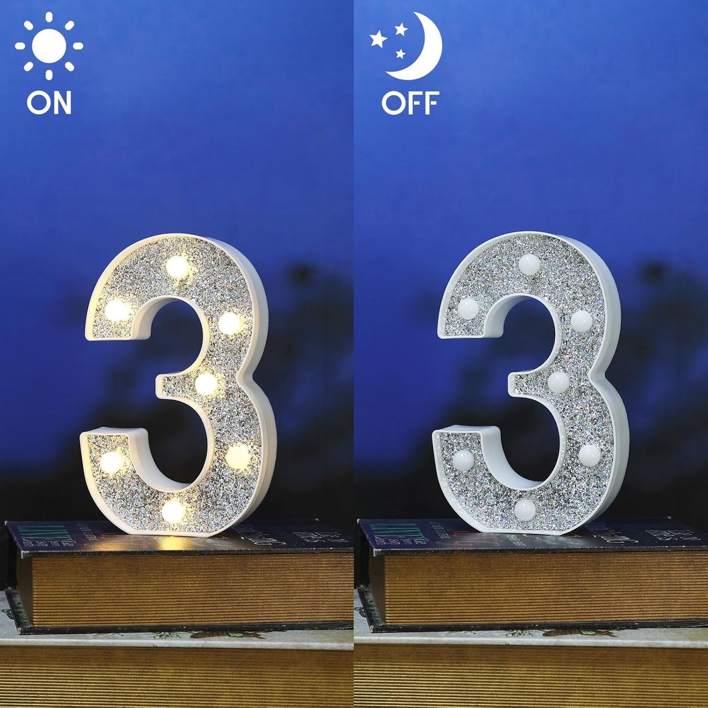 Marquee Light Letters for Table Decorations, Glitter Light Up Signs for Prom, Events, or Engagement Party Decor, Featuring Alphabet & Number Lighted Letters, Number 3