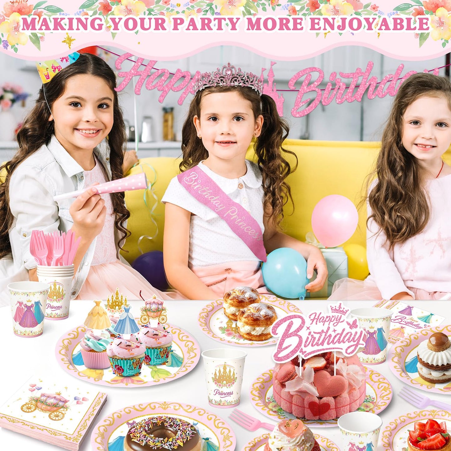 Princess Birthday Party Decorations – 199 PCS Princess Party Supplies for 24 Guests, Includes