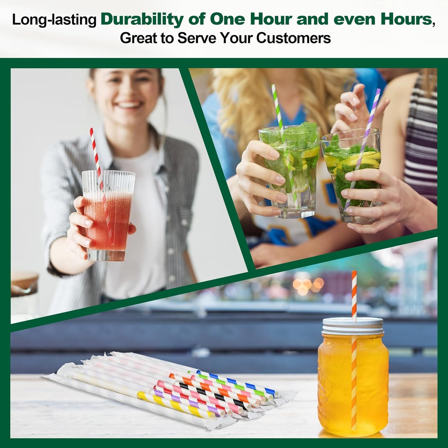 Individually Wrapped Disposable Paper Drinking Straws 7.75'' x 0.24'' - Colorful Stripes [400 Counts] - Eco-friendly Biodegradable