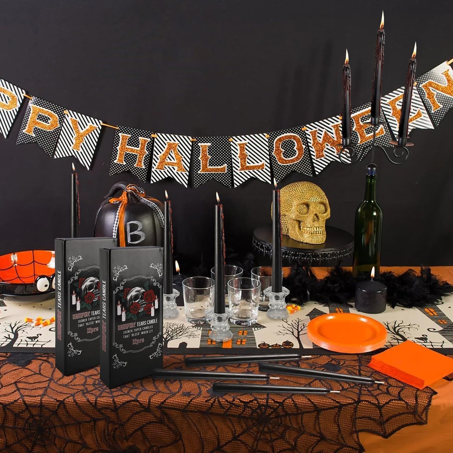 12PCS 10-Inch Black Bleeding Taper Candles,Vampire Tears Taper Candles- Unscented Candle Pack Ideal for Halloween, Christmas, Rituals, and Themed Party Decor.