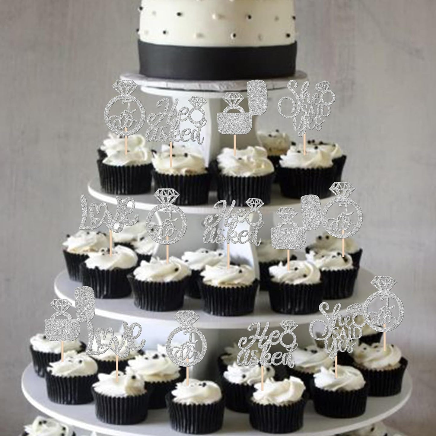 30 PCS He Asked She Said Yes Cupcake Toppers Diamond Ring Cupcake Picks Love I Do Bridal Shower Cupcake Decorations for Wedding Enaggement Theme Party Cake Decorations Supplies Silver