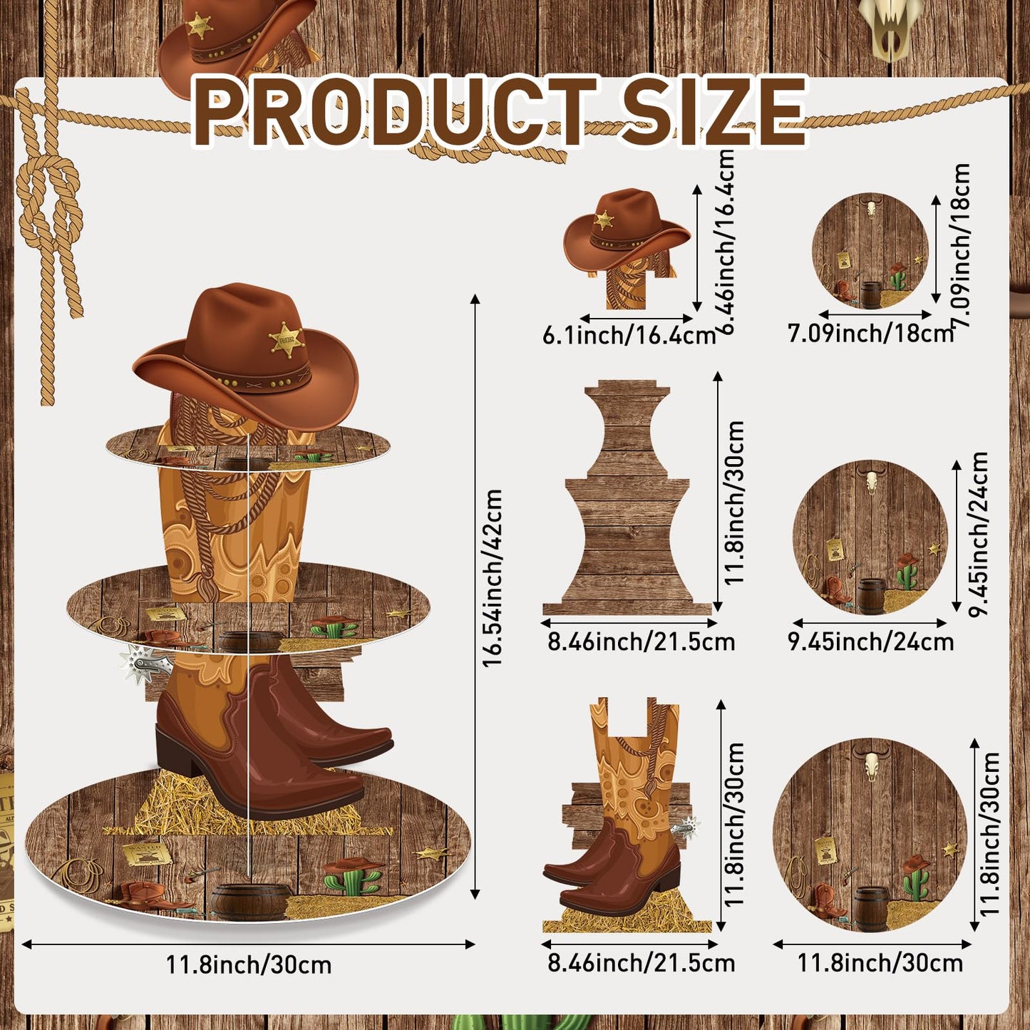 Zopeal 3 Tier Western Cupcake Stand Holder for Cowboy Party Decoration,None
