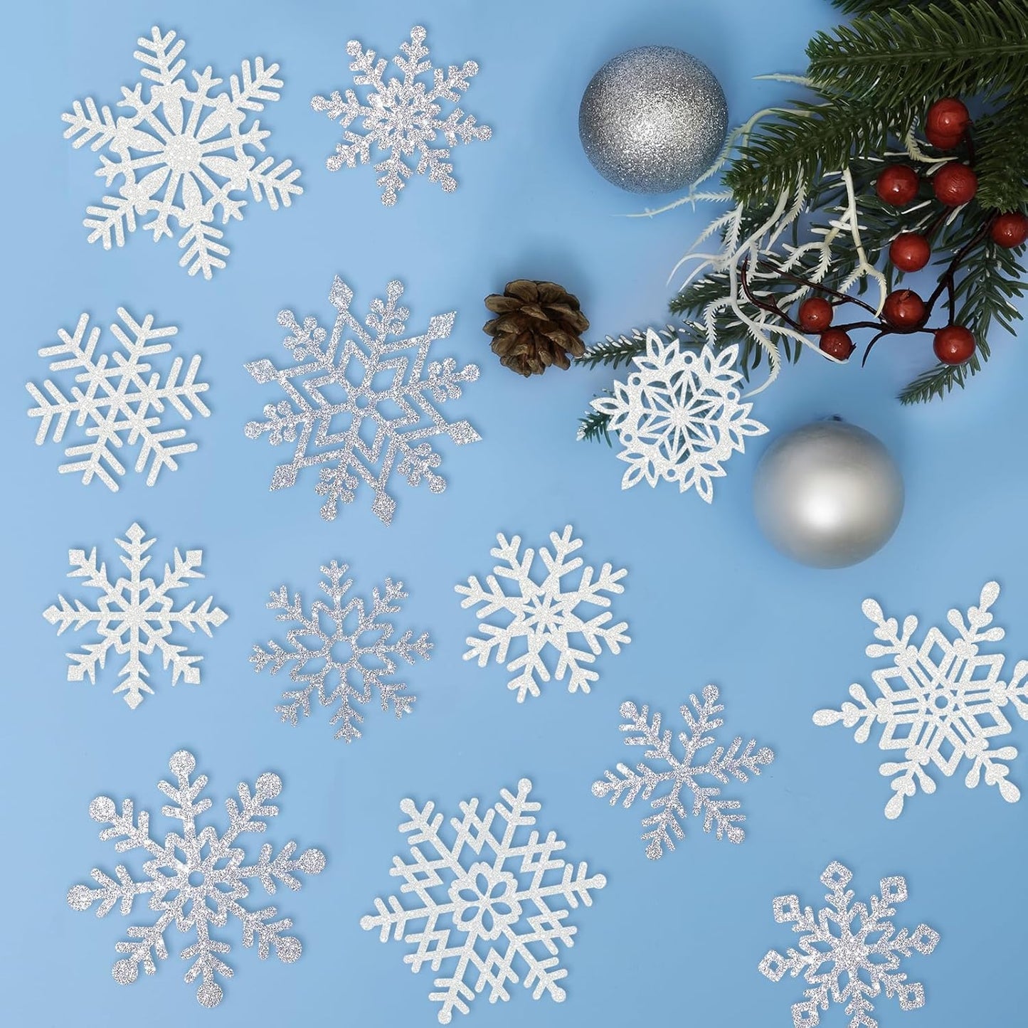 Winter Snowflake Cutouts - Glitter Paper Snowflake Decorations - 50Pcs White & Silver Double-Side Christmas Cutouts for Holiday Winter Wonderland Bulletin Board, Frozen Party Decor