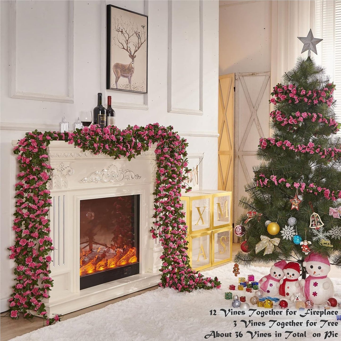 8 Pcs x 8.2 ft Flower Garland Artificial Rose Vine Flowers with Green Leaves Hanging Fake Roses Vine for Room Party Home Wedding Birthday Christmas Wall Arch Decor, Spring Magenta Flower