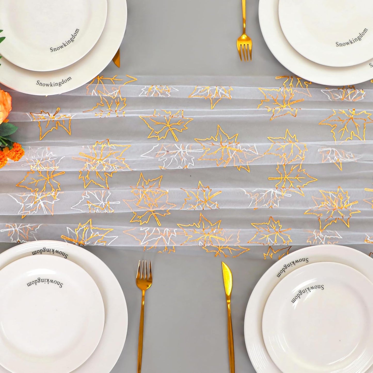 Snowkingdom Fall Table Runner, 10ft Gold Maple Leaves Gauze Chiffon Table Runners, Thanksgiving Decoration Sheer Cheesecloth Runner for Autumn Harvest Glitter White Sparkle Dining Party Decor 120 Inch