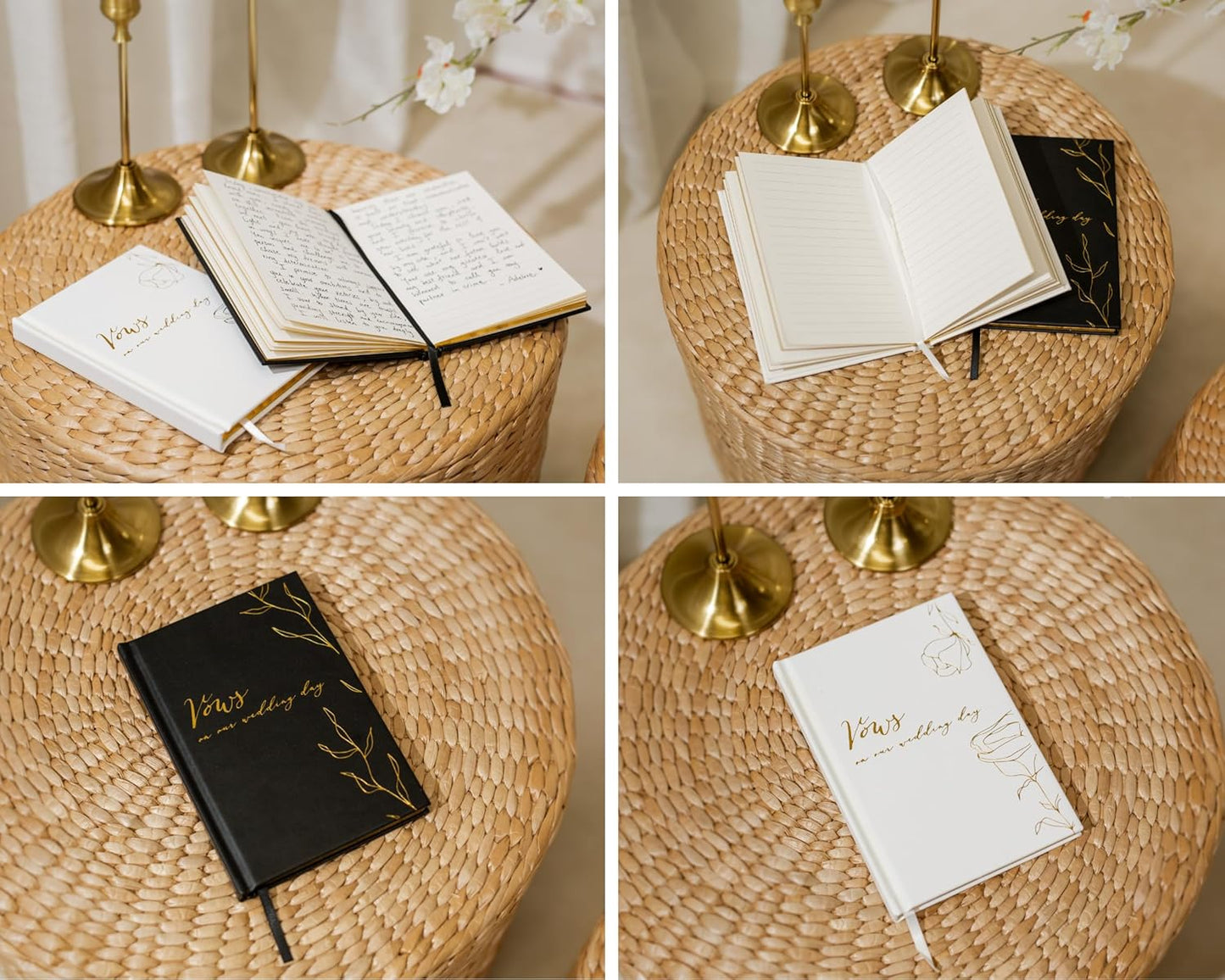 Vows On Our Wedding Day Vow Books (Set of 2) - Black & White Pocket Sized Foil Embossed Foliage Design Wedding Ceremony Vow Renewal Speech Notebook Planner, Gift for Bride & Groom Newly Engaged Couple