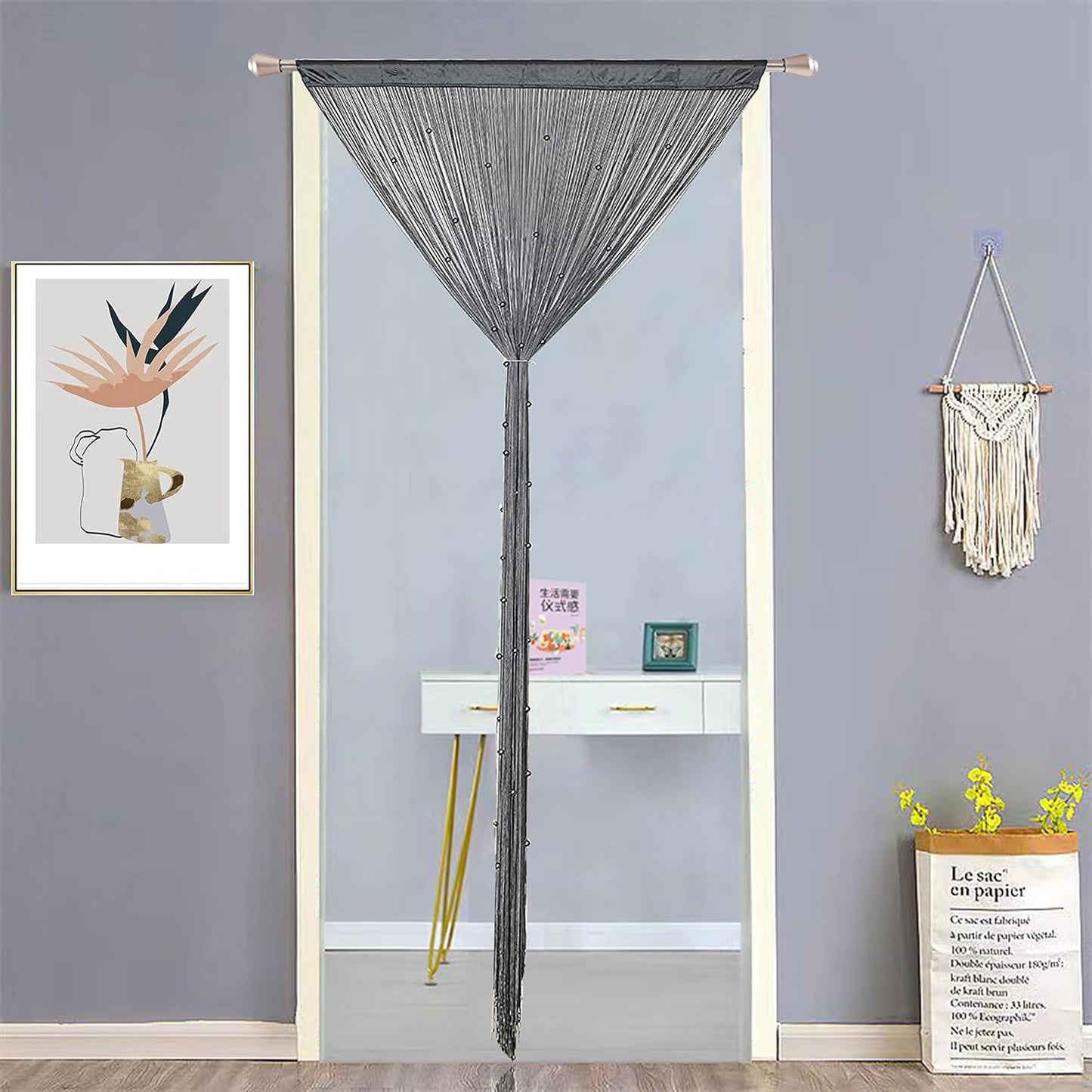 Beaded Doorway Curtain Door Beads Dense String Curtains Fringe Hippie Perfect for Wall Hanging Decor Room Divider Privacy Doors Window Closet Doorways Decorations (100x280cm,Grey)