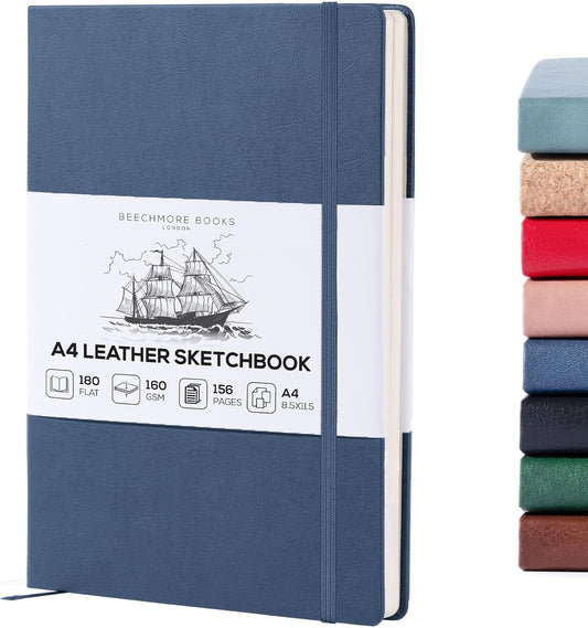 Beechmore Books A4 Sketchbook ??8.5x11 Premium Vegan Leather Bound Large Sketch Book Hardcover with 156 Thick 160gsm Perforated Ivory Pages, Blank Sketch Pad, Gift Boxed, Back Pocket, Ribbon Bookmark