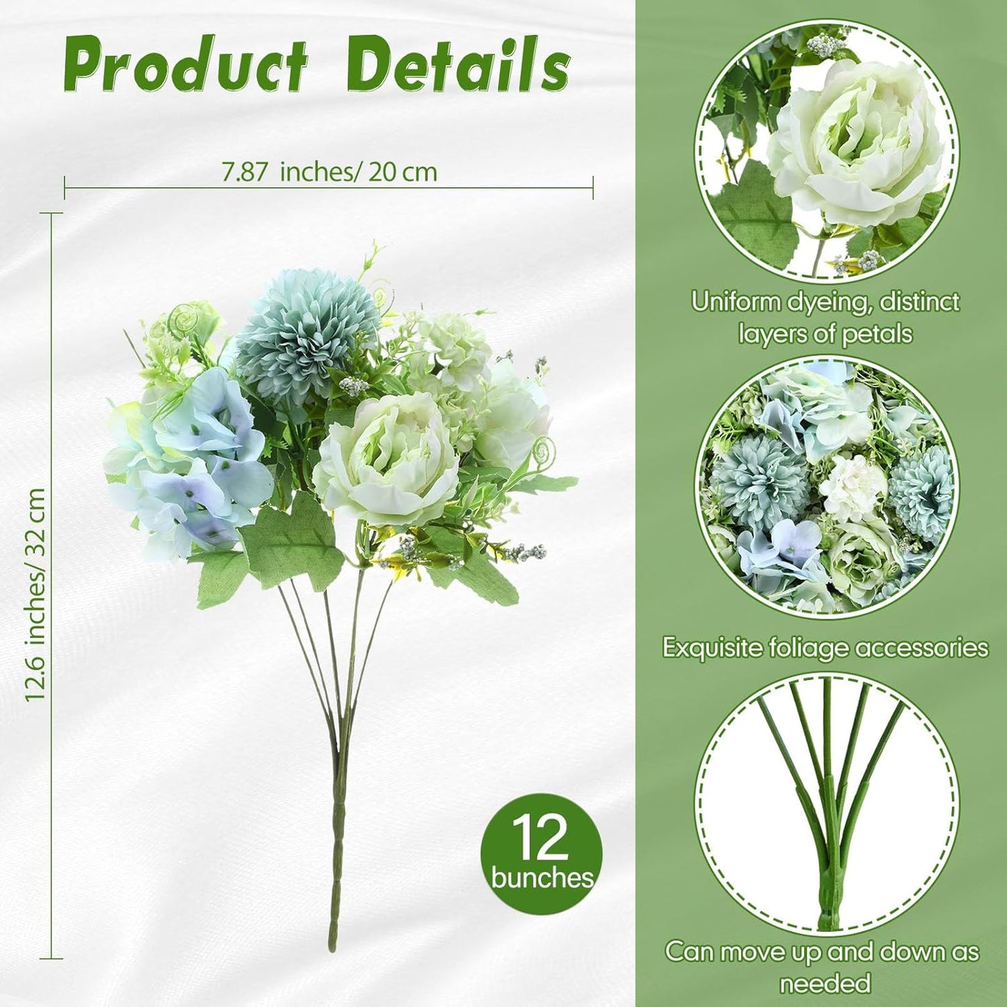 Tigeen Artificial Flowers Artificial Peonies Silk Flowers Faux Peony Fake Peony Silk Hydrangea Bouquet for Wedding Table Centerpiece Floral Vase Decor(White Green,12 Bundles)