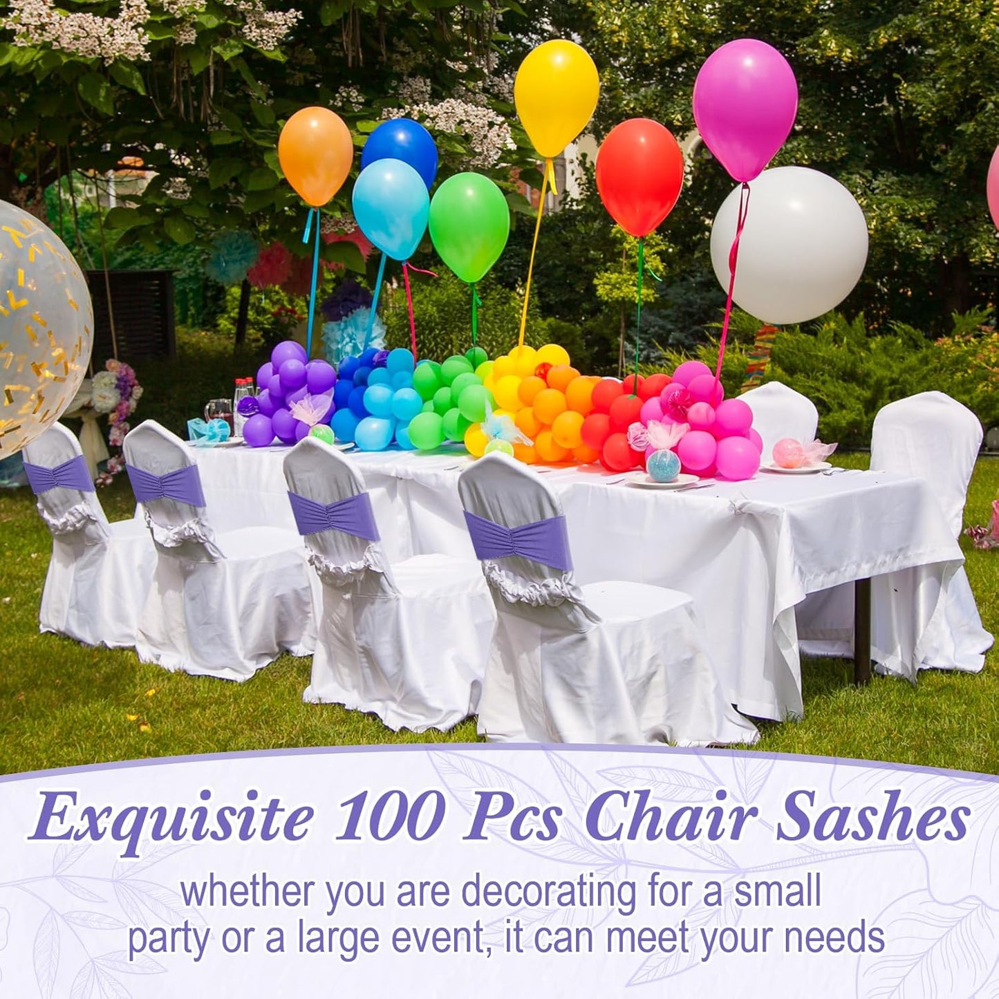 Moukeren 100 Pcs Spandex Chair Sashes Bows Bands Slider Sashes for Chair Covers Elastic Bands Ties Ribbon Decorations for Wedding Party Events Ceremony Birthday Banquet(Lavender Purple)