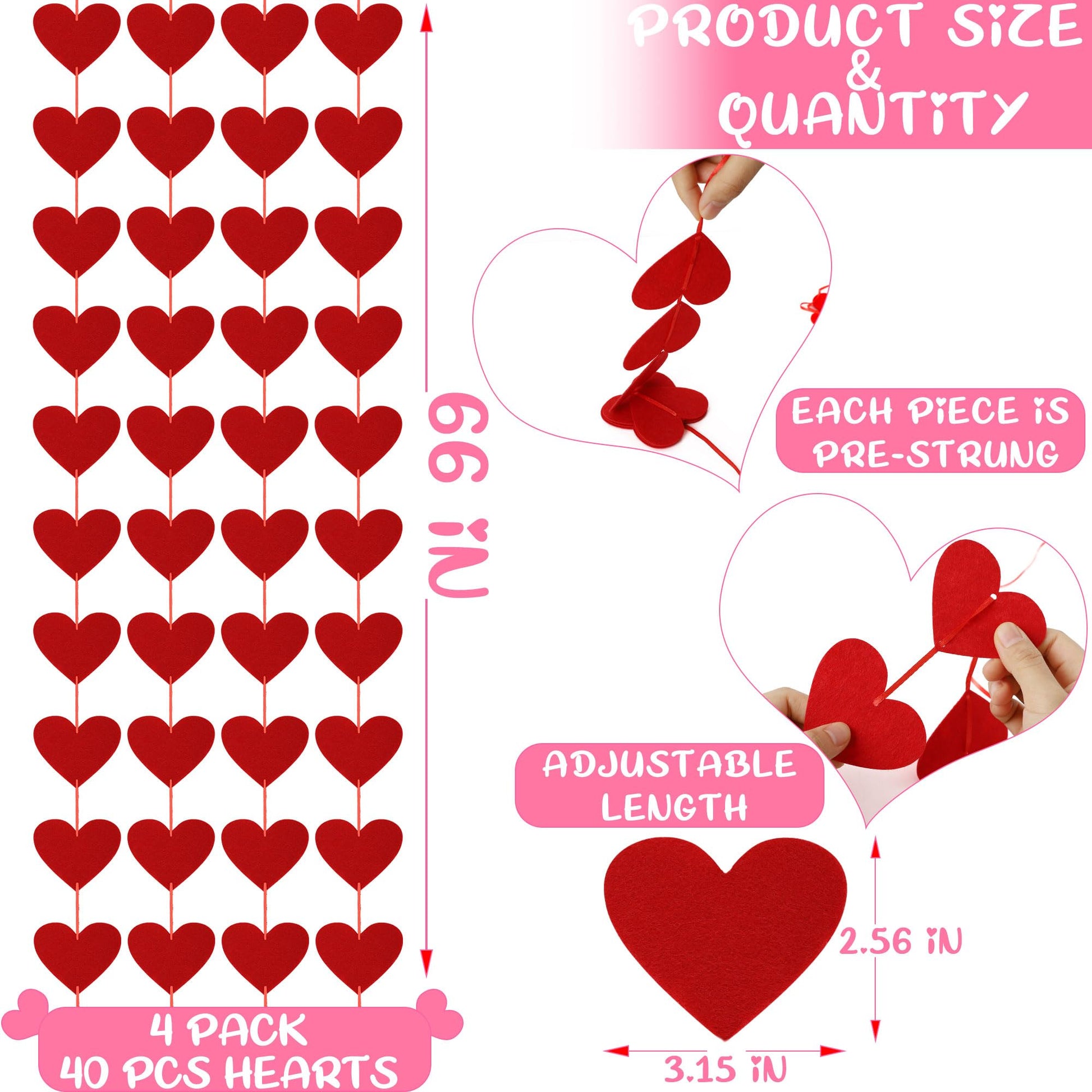 40PCS Valentines Day Decor, Red Heart Banner with Felt Hearts, Hanging Valentines Day Decoration