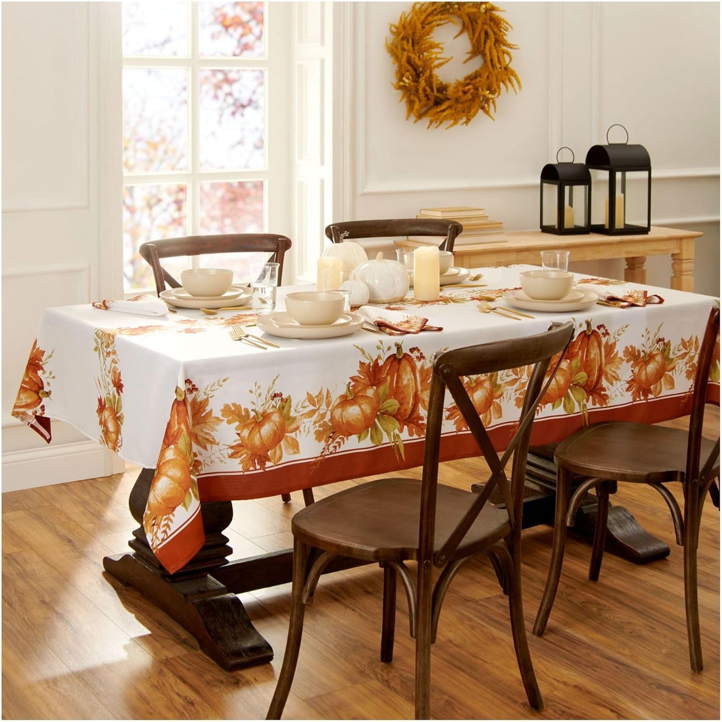 Elrene Home Fashions Autumn Pumpkin Grove Wrinkle Resistant Tablecloth, 60"x102" Rectangle, Multi Color