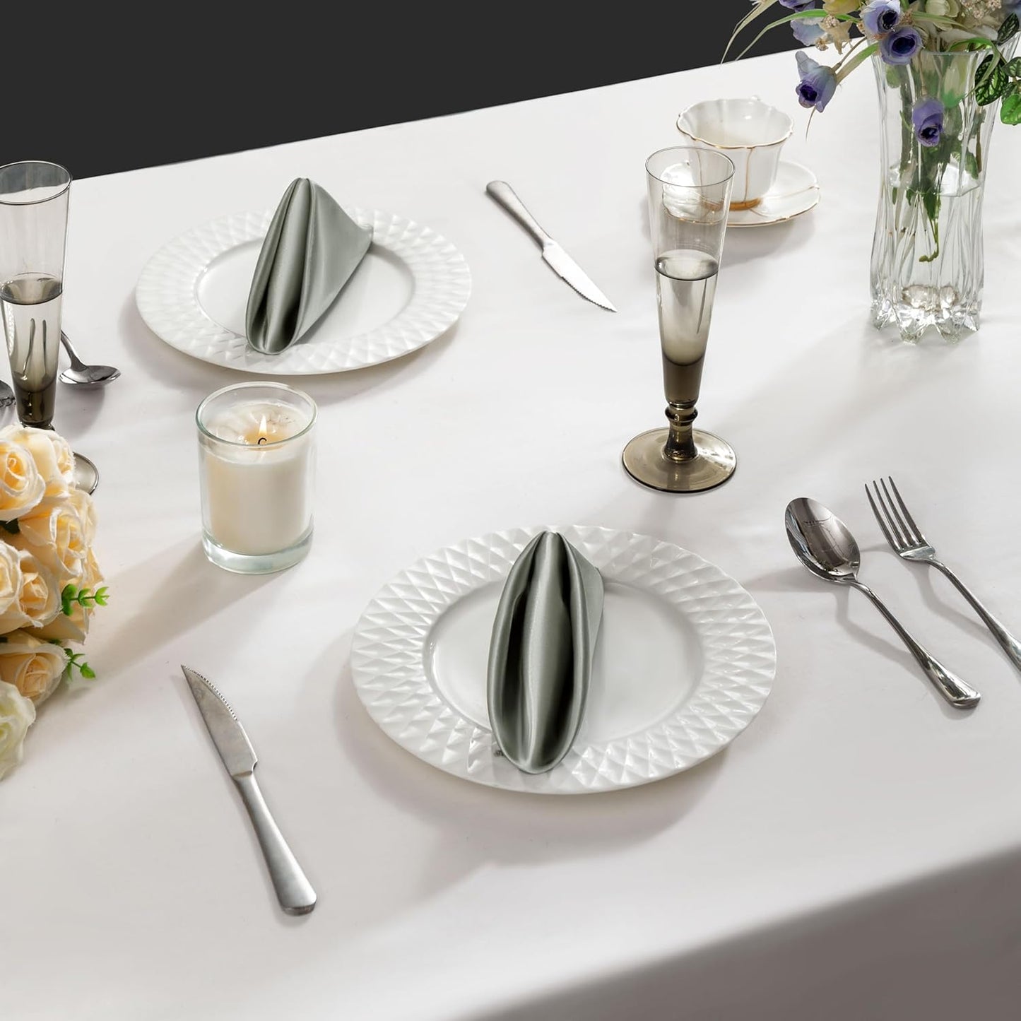 36 Pack Square Satin Dinner Napkins, 16x16 Inches Silky Soft Smooth Table Cloth Napkins for Restaurant Weddings Banquet Party Decoration, Dark Grey