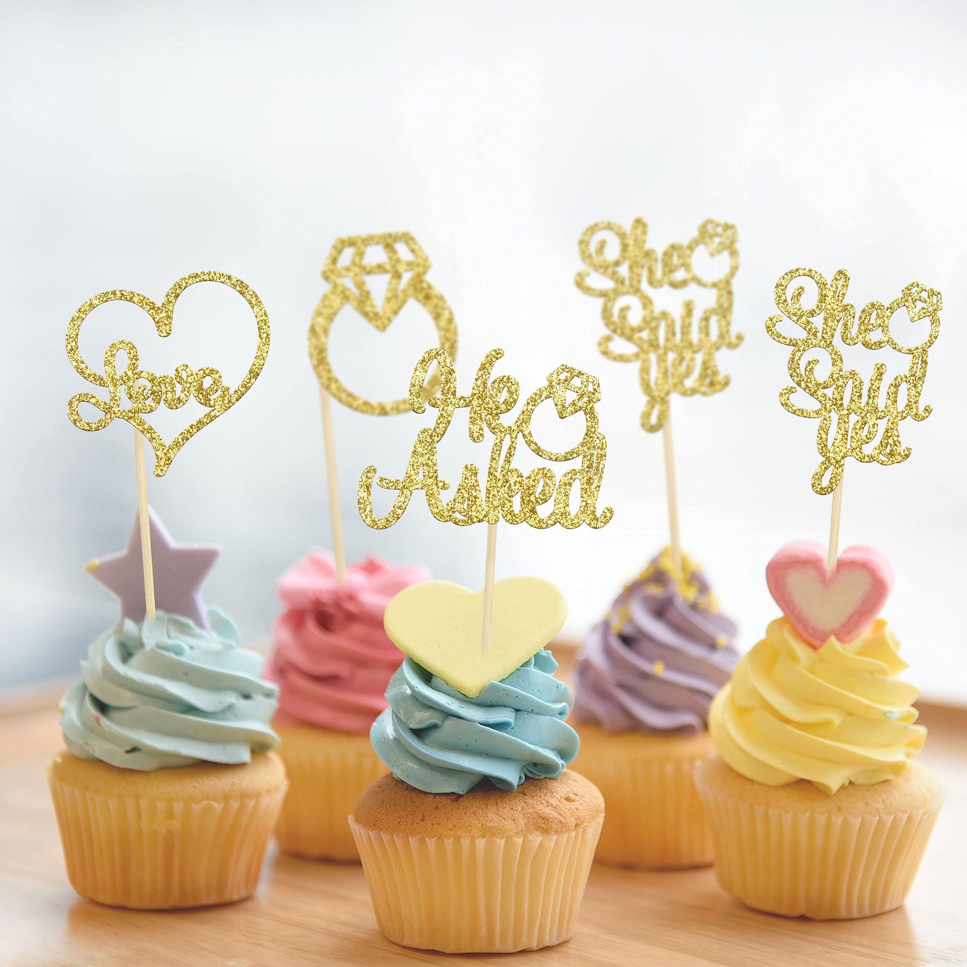 Gyufise He Asked She Said Yes Cupcake Toppers Gold Glitter Diamond Ring Heart Love Cake Picks for